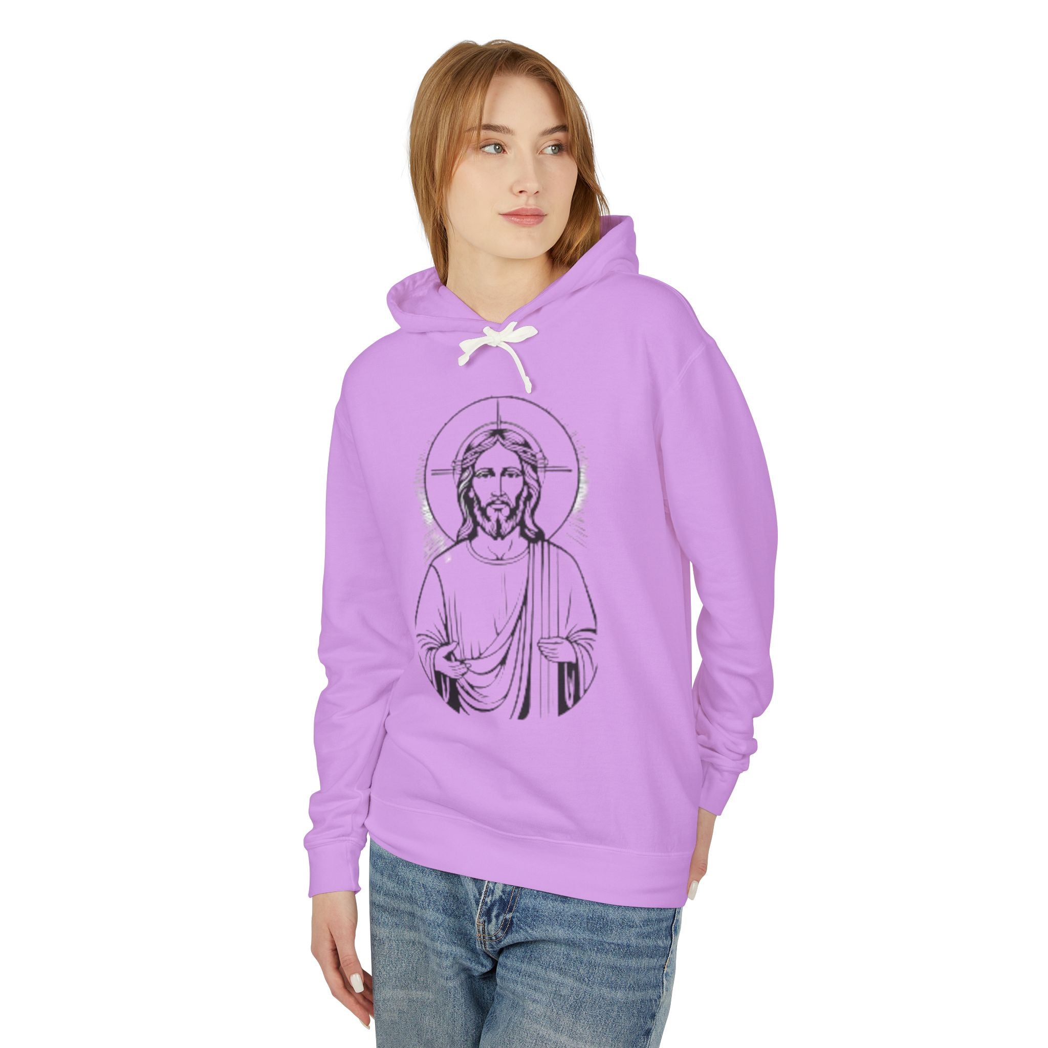 Faith-Inspired Unisex Lightweight Hooded Sweatshirt with Jesus Design