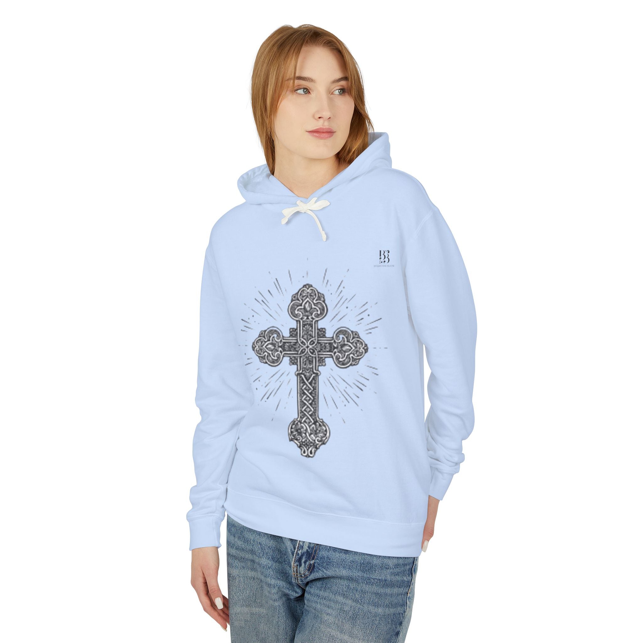 Unisex Lightweight Hooded Sweatshirt with Intricate Cross Design - Perfect for Faith and Style Lovers