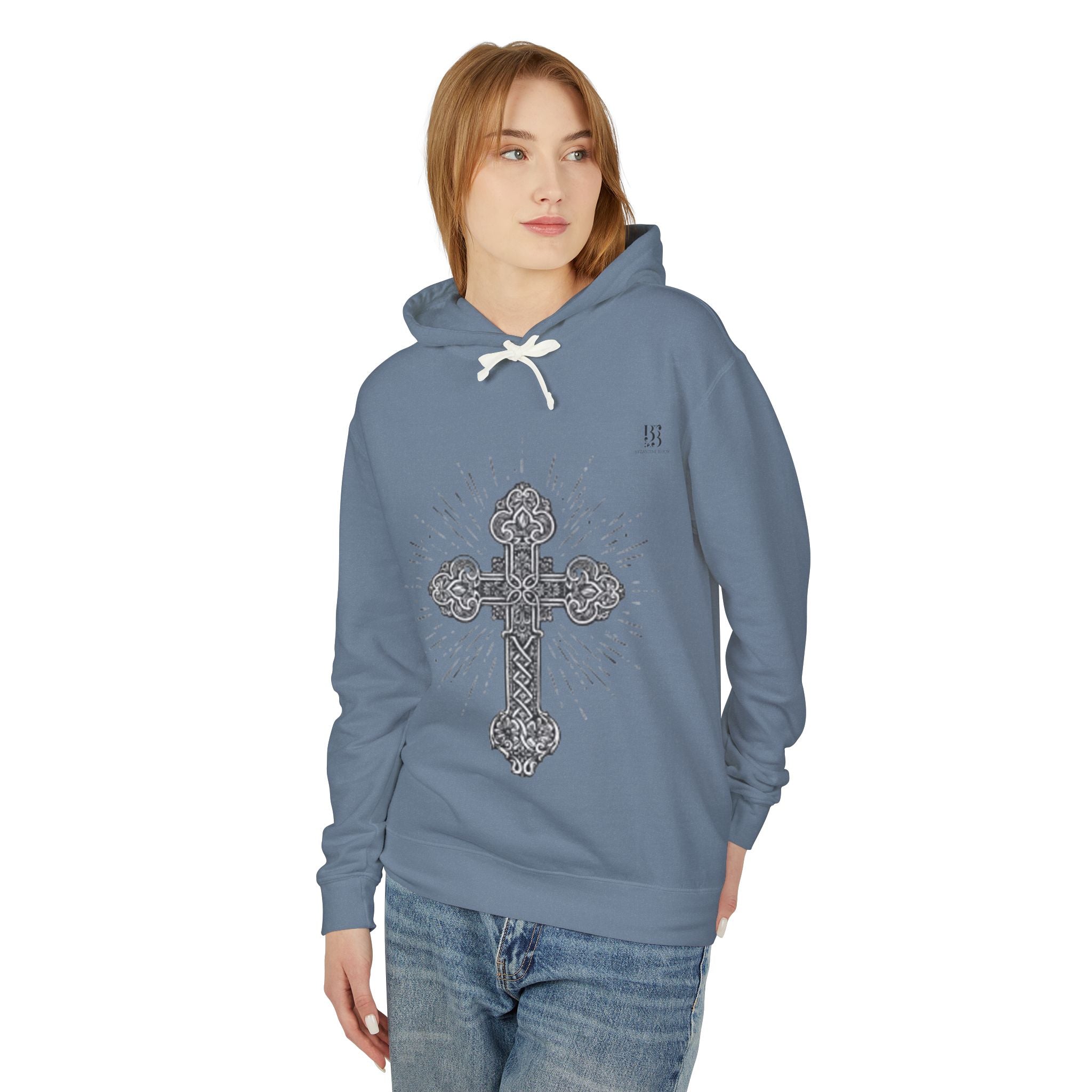 Unisex Lightweight Hooded Sweatshirt with Intricate Cross Design - Perfect for Faith and Style Lovers