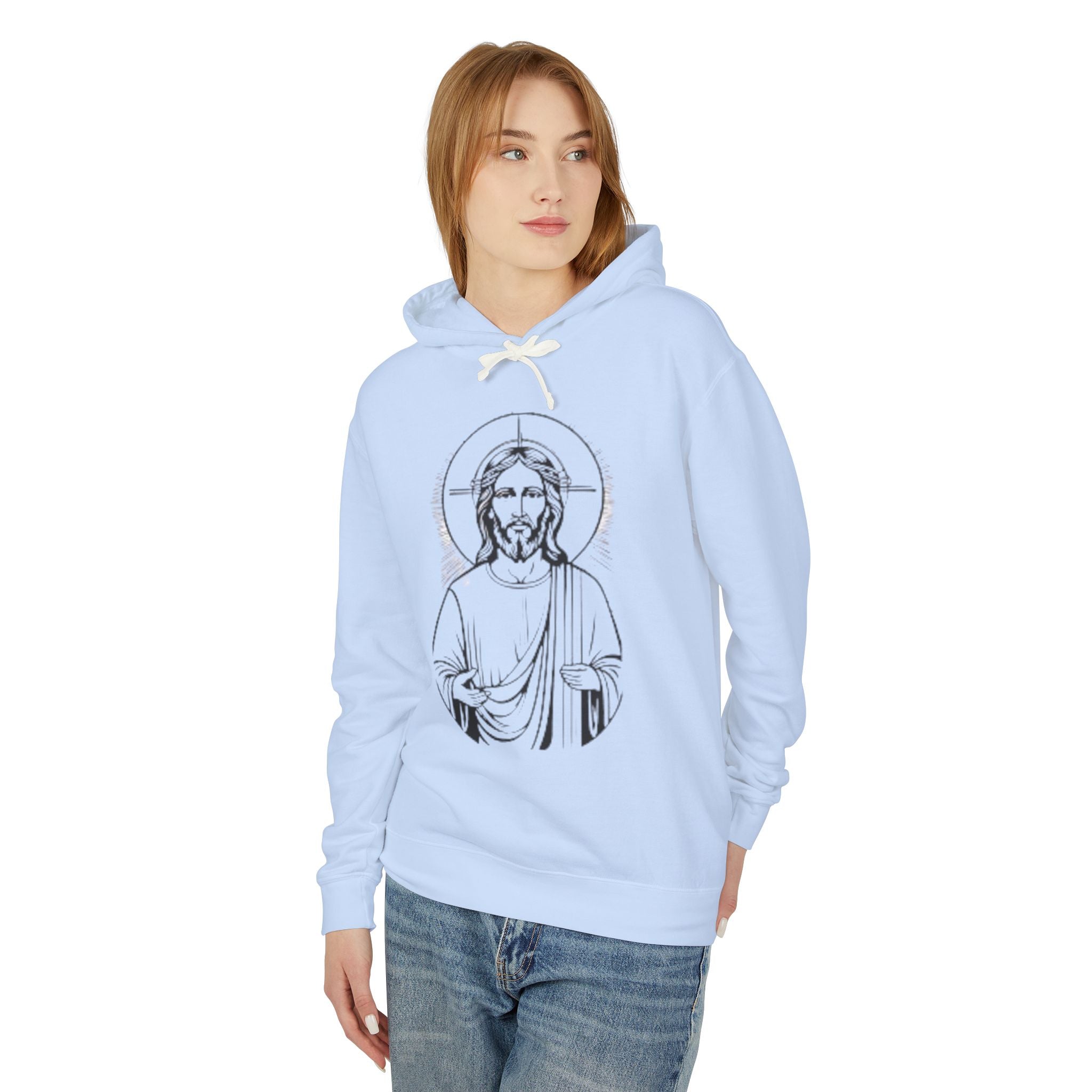 Faith-Inspired Unisex Lightweight Hooded Sweatshirt with Jesus Design
