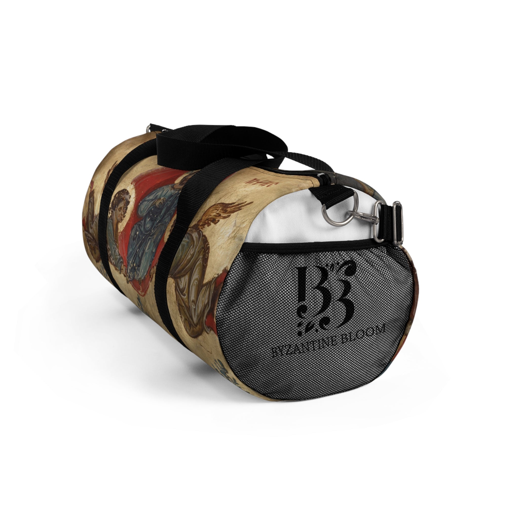 Artistic Duffel Bag with Religious Iconography - Unique Travel Gear for Pilgrimages or Spiritual Retreats