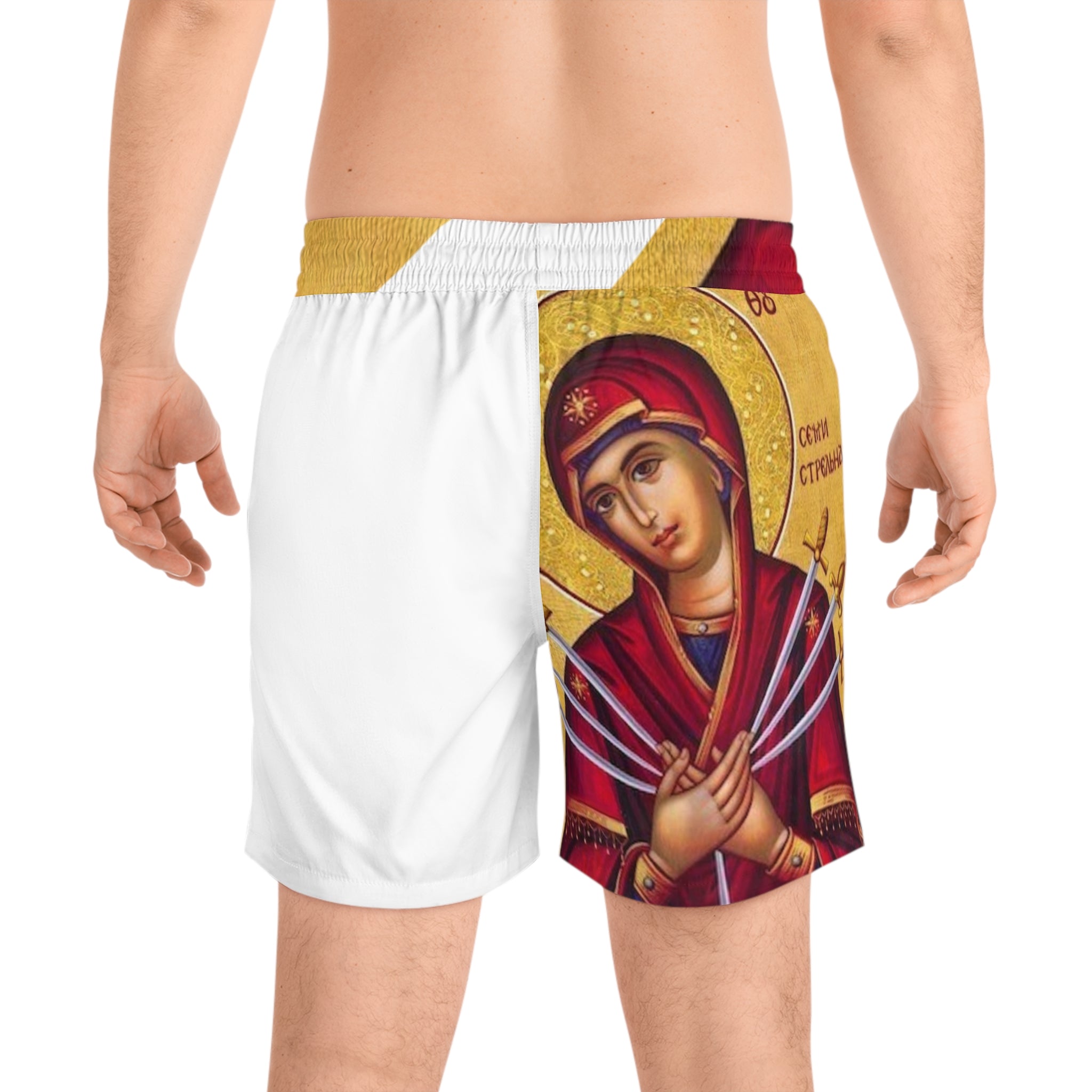 Icon-Inspired Men's Mid-Length Swim Shorts with Religious Artwork