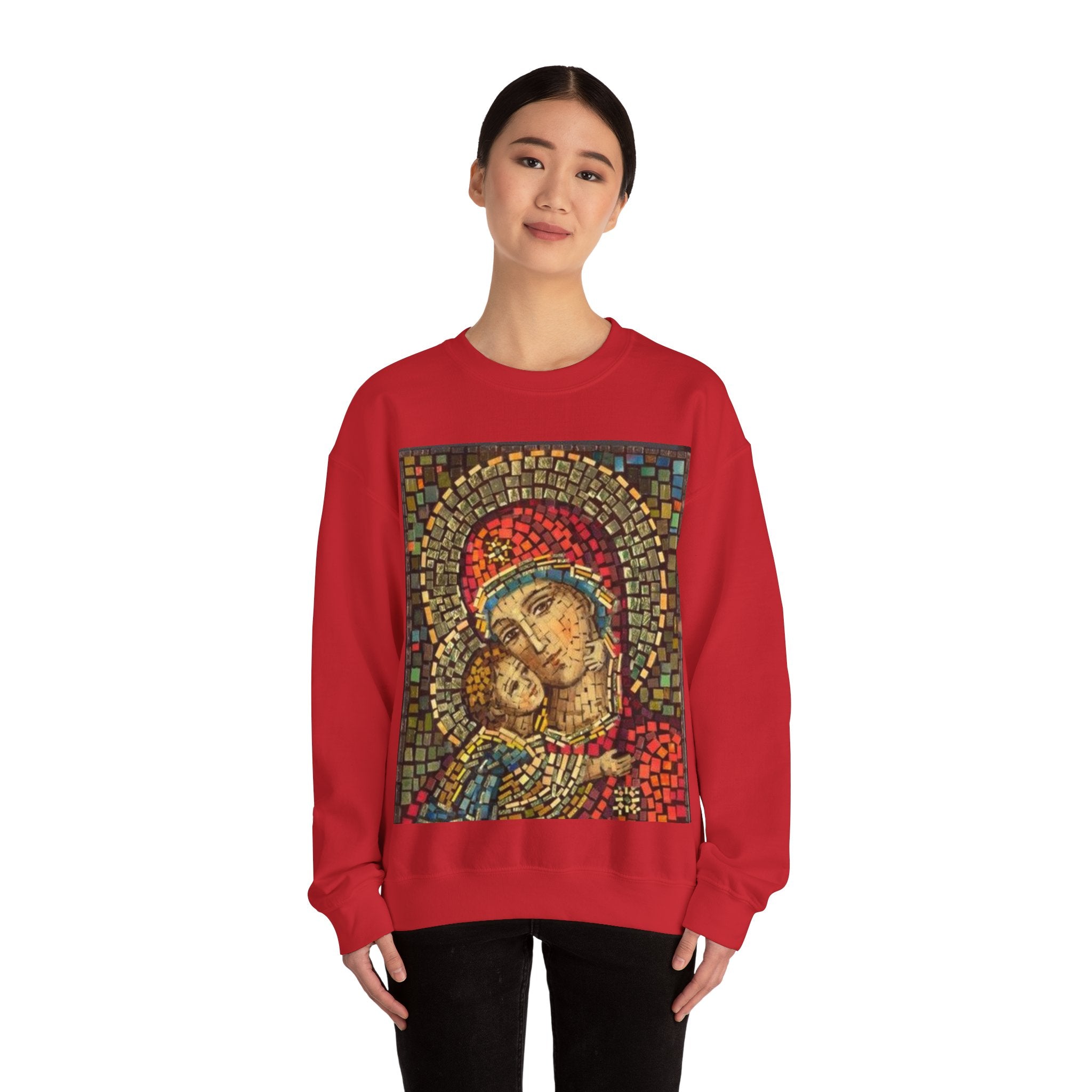 Unisex Heavy Blend™ Crewneck Sweatshirt - Colorful Mosaic Virgin Mary Design