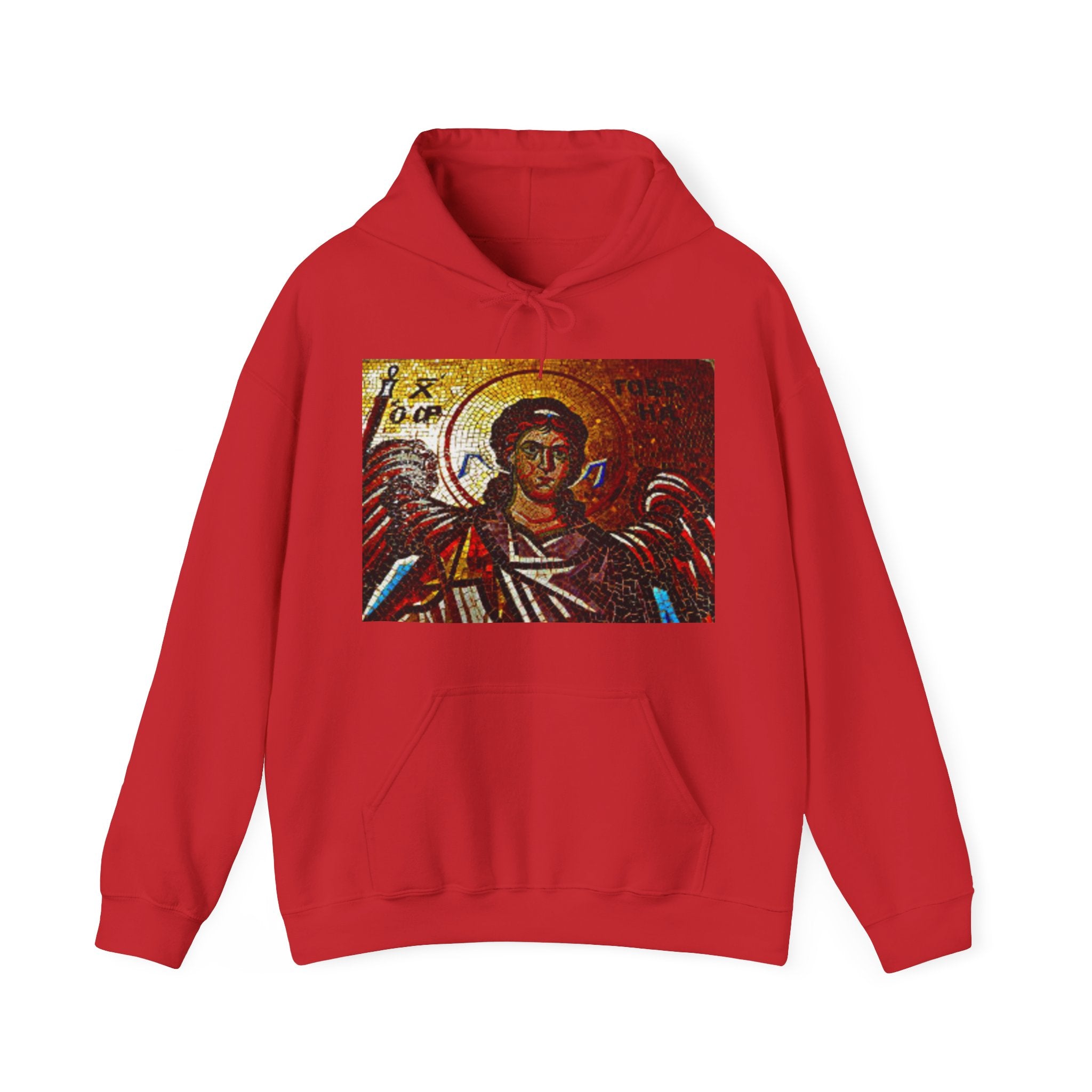 Red Unisex Hooded Sweatshirt with Iconic Religious Design - Cozy Faith Apparel