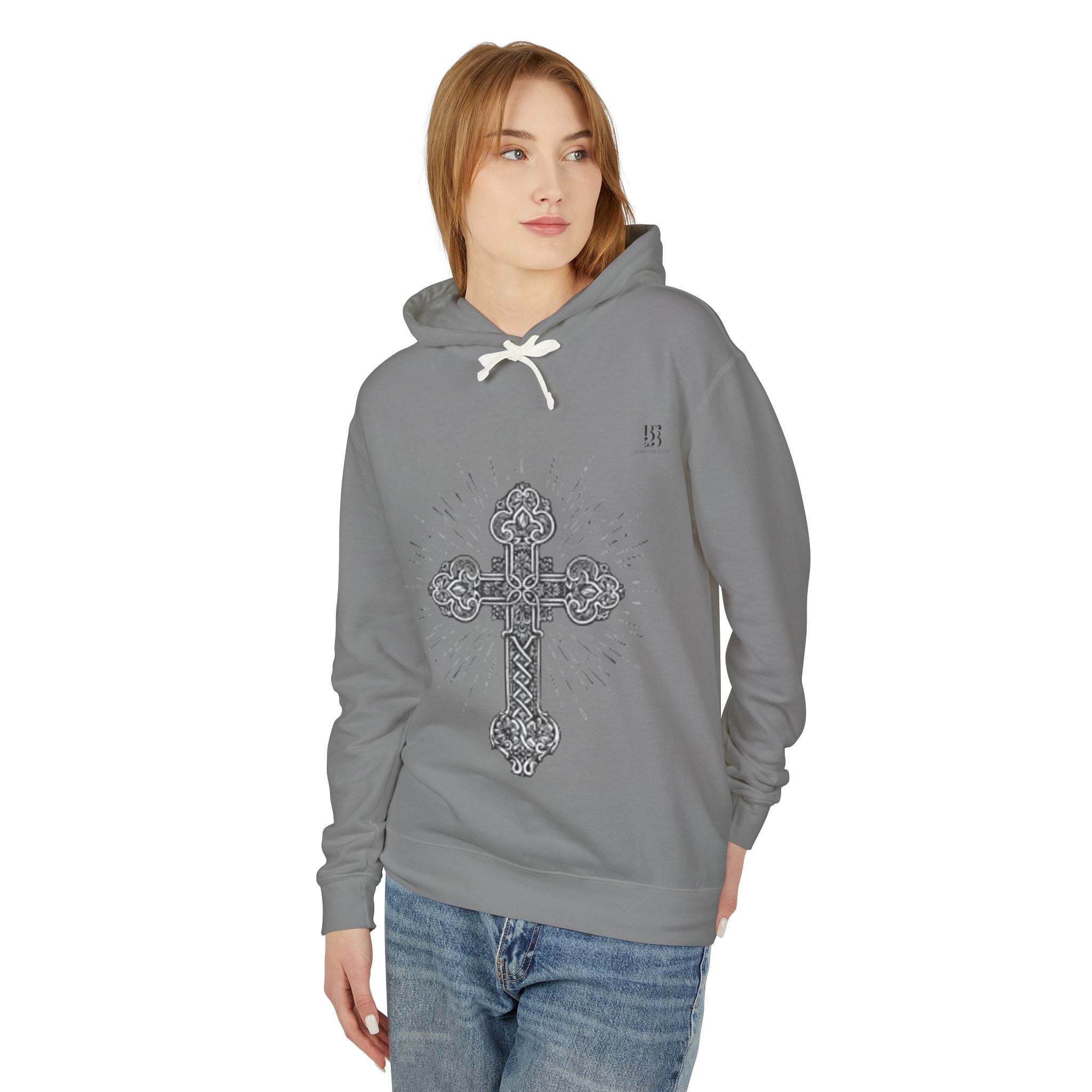 Unisex Lightweight Hooded Sweatshirt with Intricate Cross Design - Perfect for Faith and Style Lovers