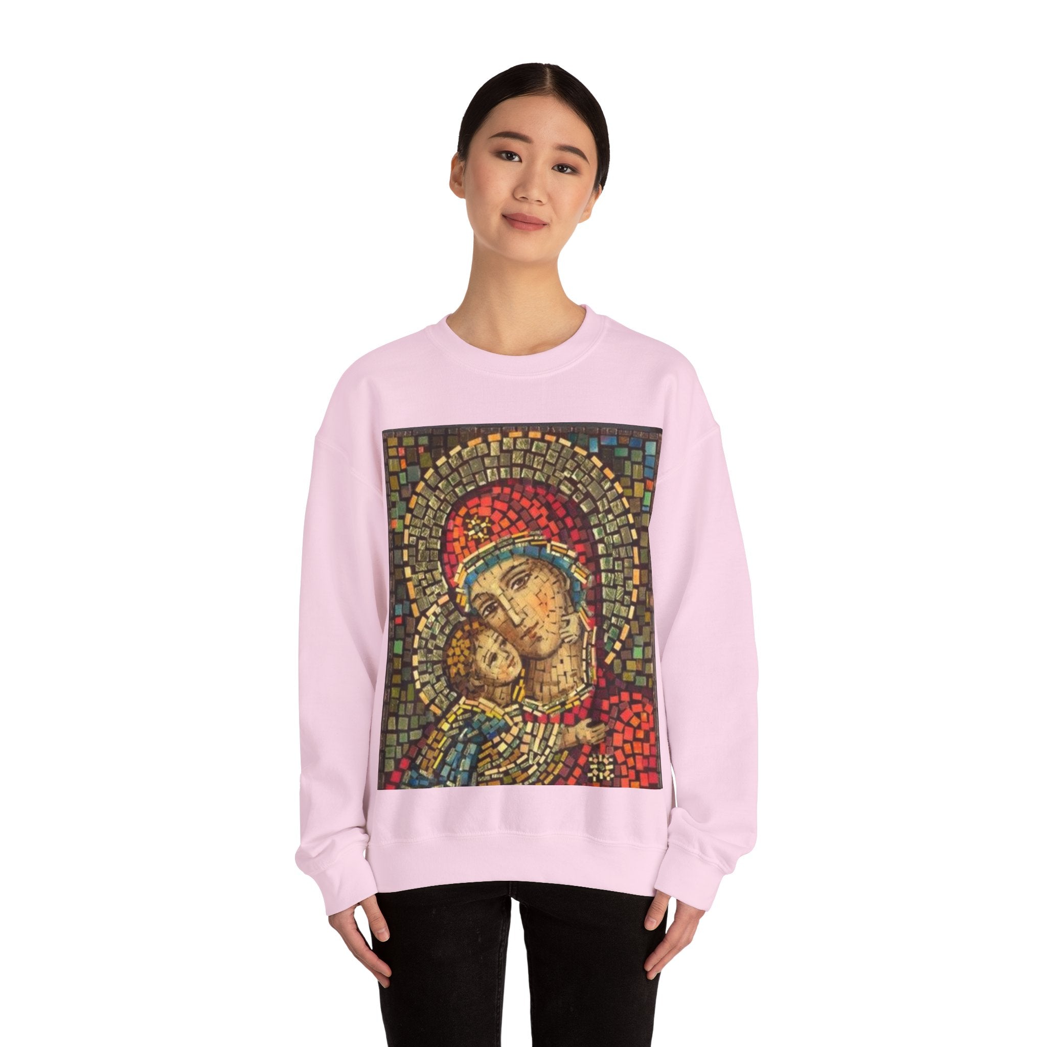 Unisex Heavy Blend™ Crewneck Sweatshirt - Colorful Mosaic Virgin Mary Design