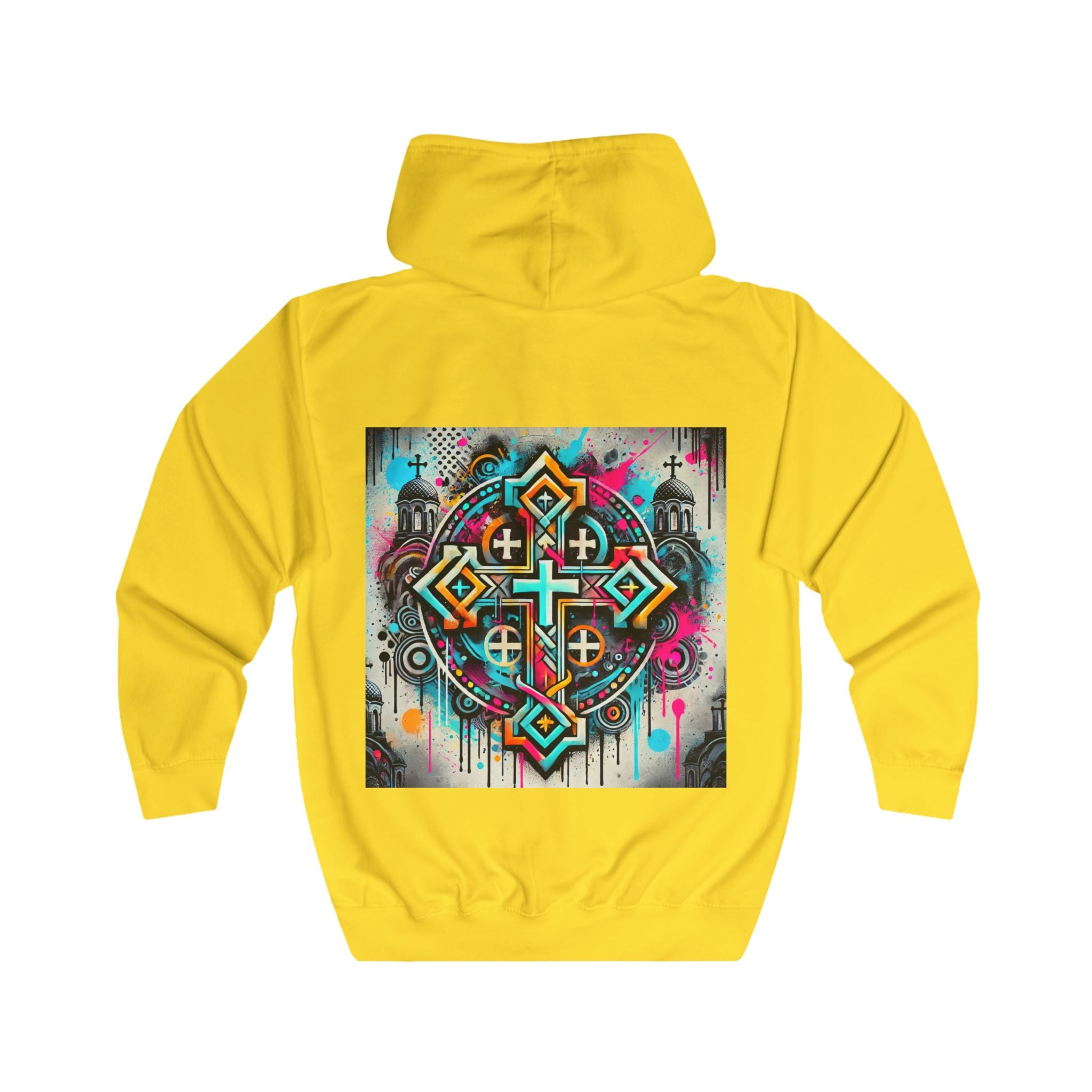 Vibrant Graphic Unisex Full Zip Hoodie - Artistic Cross Design
