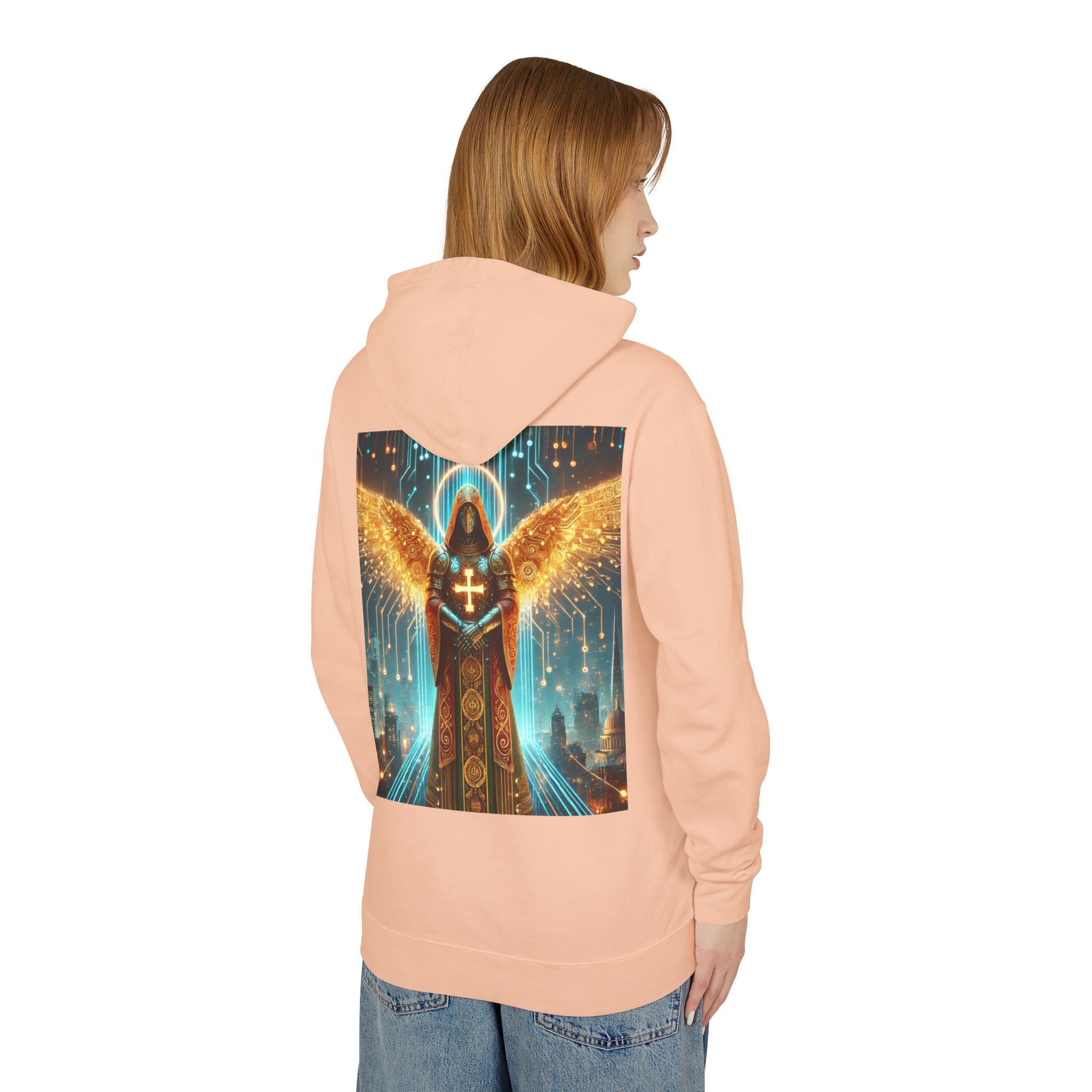 Unisex Lightweight Angelic Graphic Hoodie - Dreamy Vibes, Spiritual Design