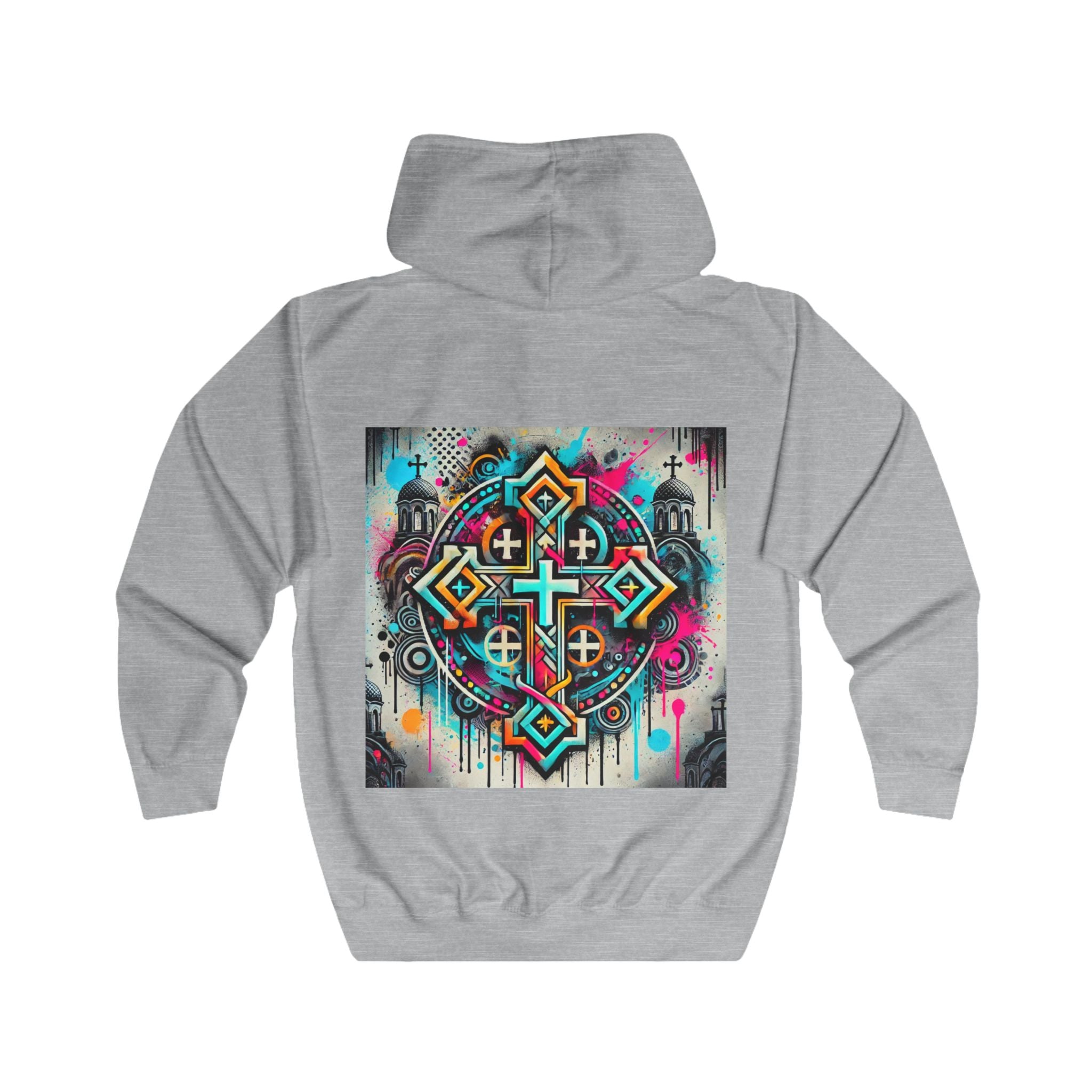 Vibrant Graphic Unisex Full Zip Hoodie - Artistic Cross Design