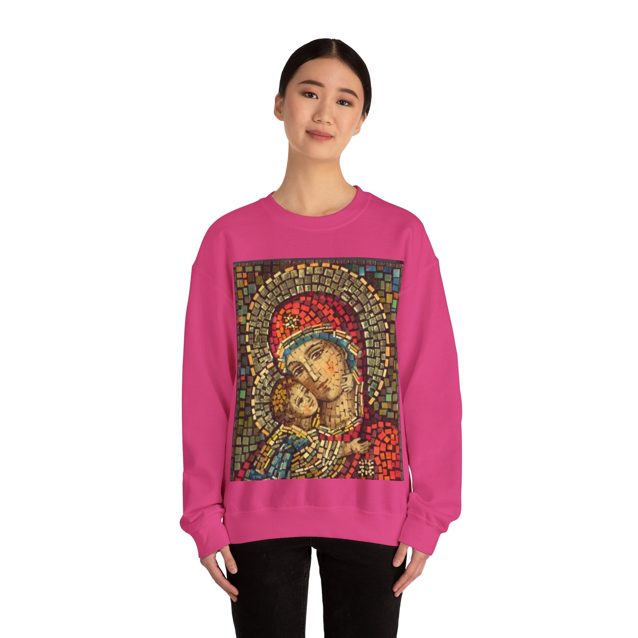 Unisex Heavy Blend™ Crewneck Sweatshirt - Colorful Mosaic Virgin Mary Design