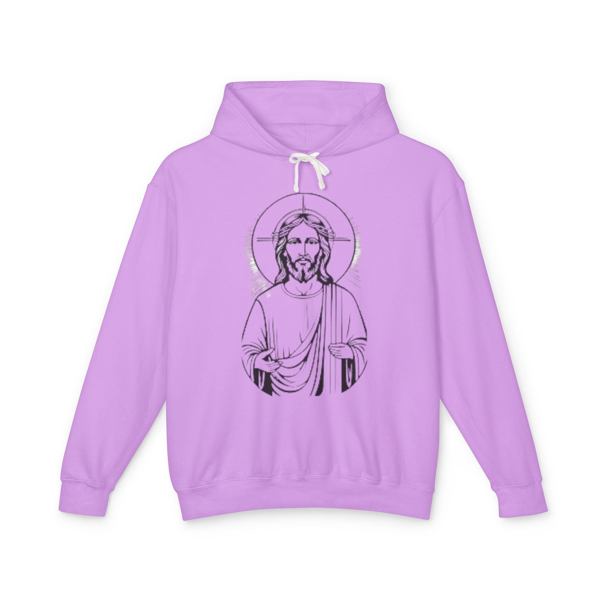 Faith-Inspired Unisex Lightweight Hooded Sweatshirt with Jesus Design