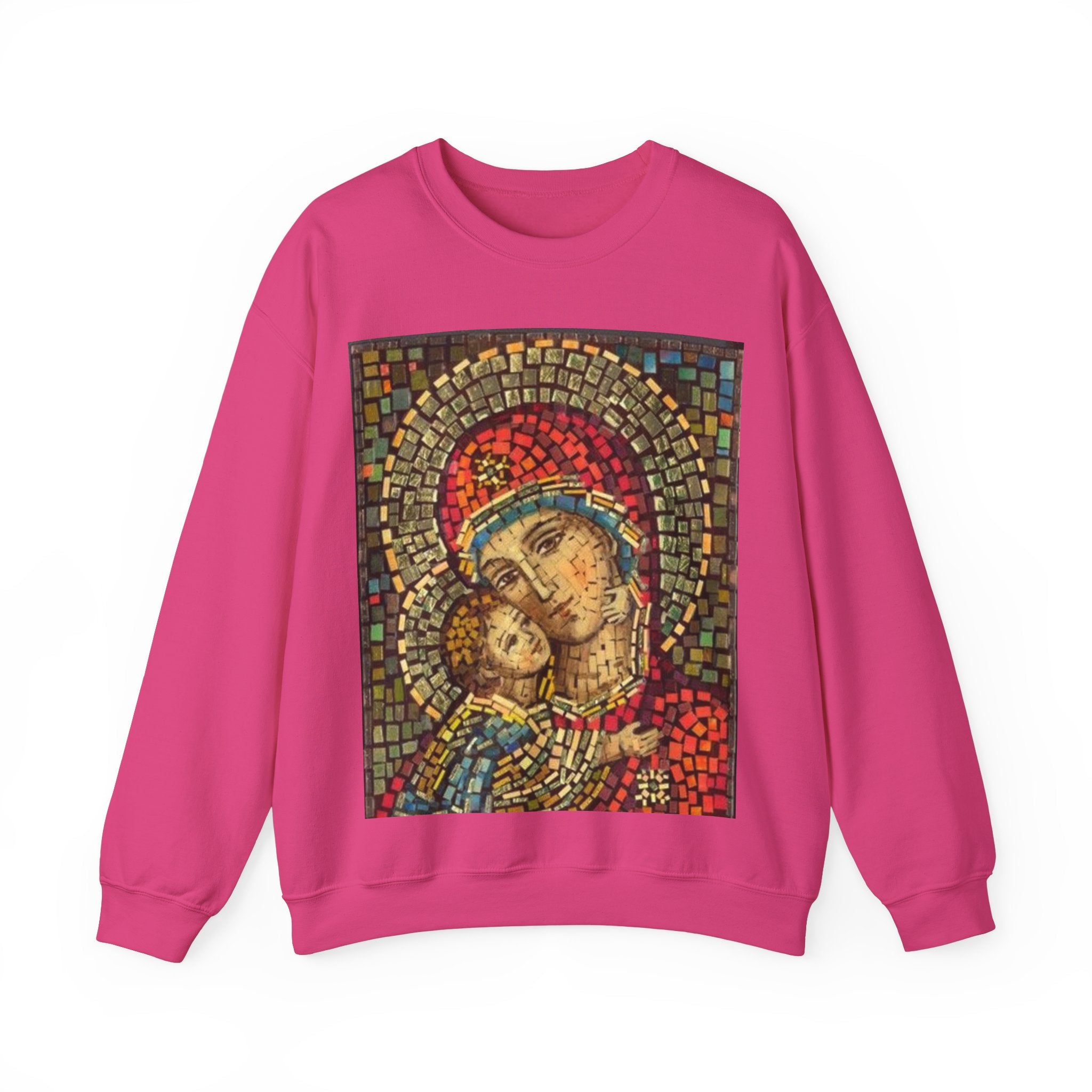 Unisex Heavy Blend™ Crewneck Sweatshirt - Colorful Mosaic Virgin Mary Design