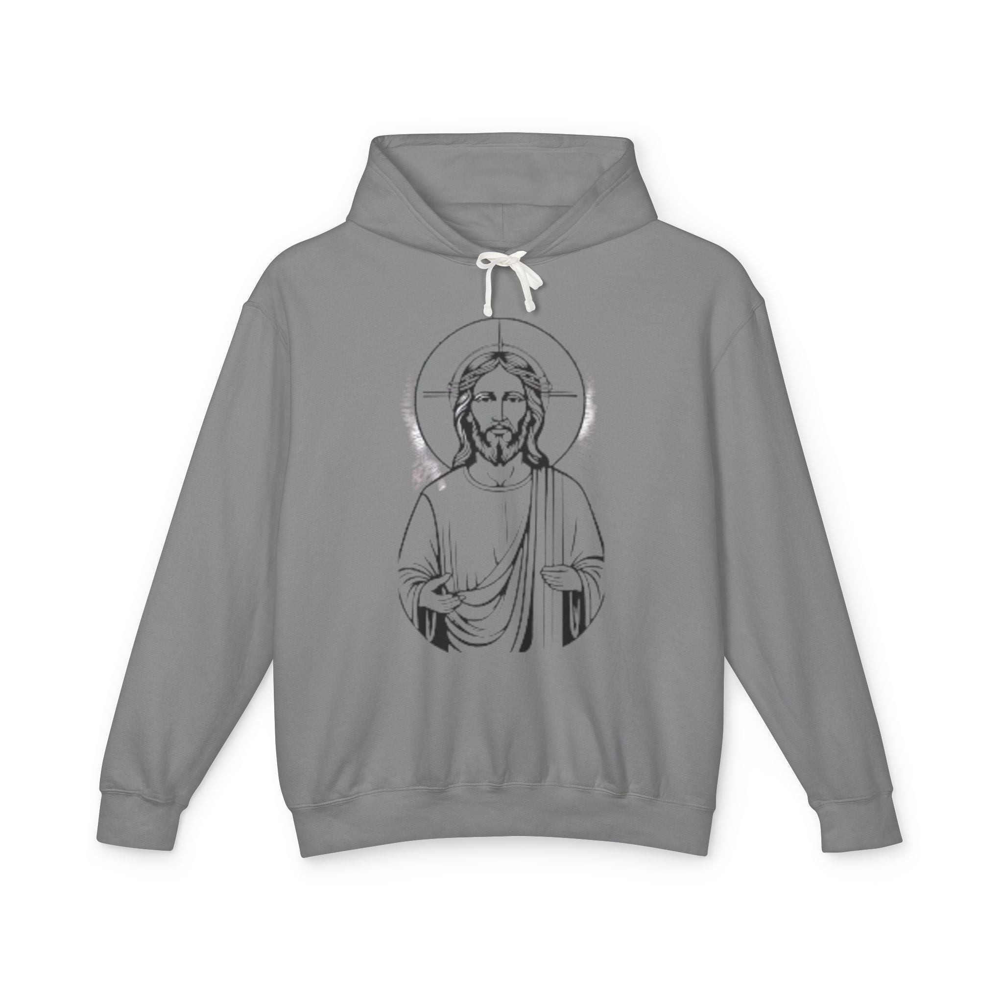 Faith-Inspired Unisex Lightweight Hooded Sweatshirt with Jesus Design