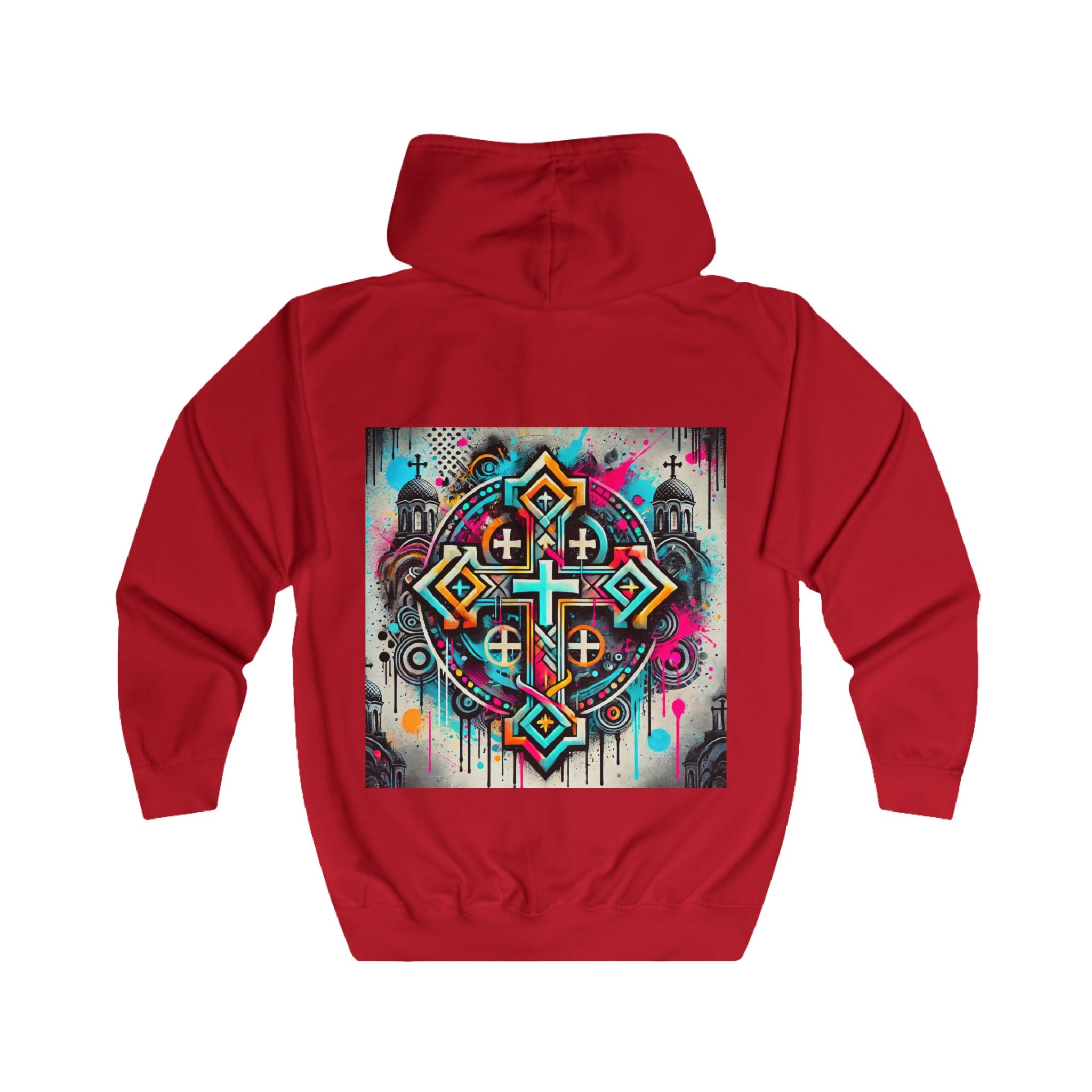 Vibrant Graphic Unisex Full Zip Hoodie - Artistic Cross Design