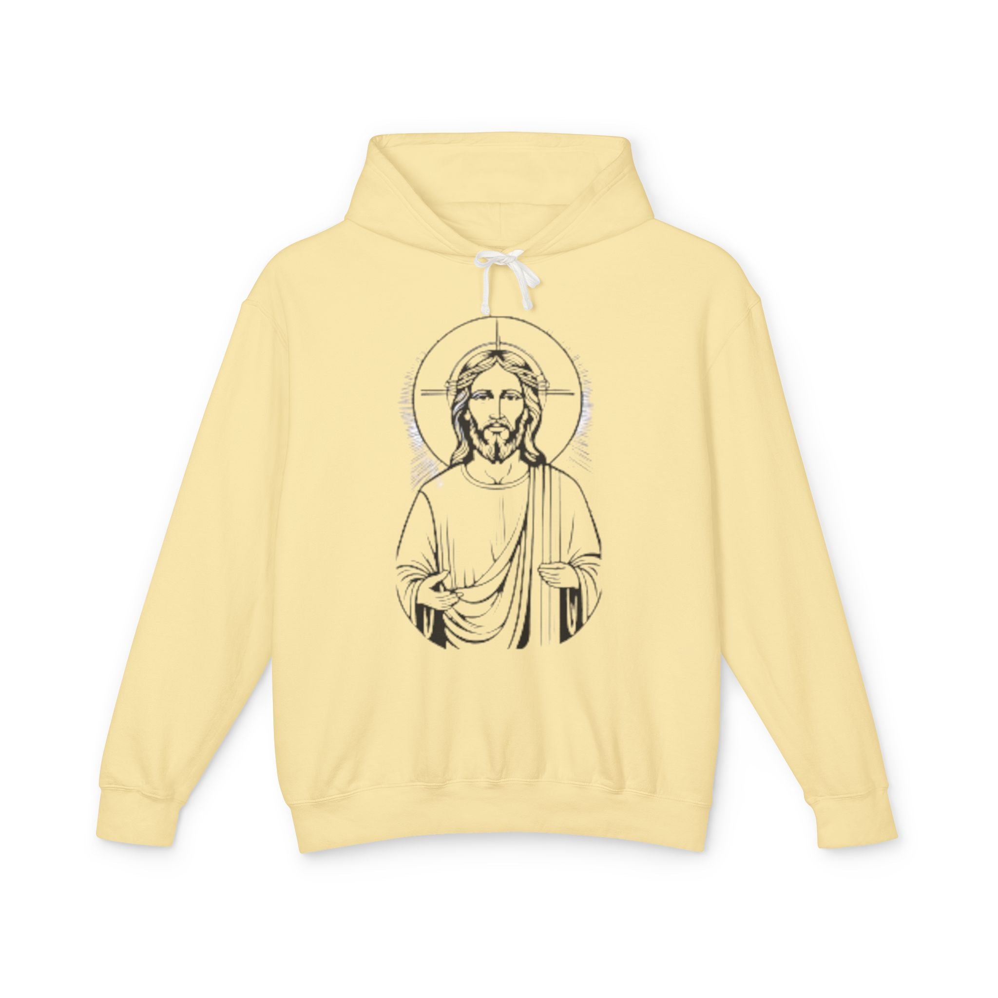 Faith-Inspired Unisex Lightweight Hooded Sweatshirt with Jesus Design