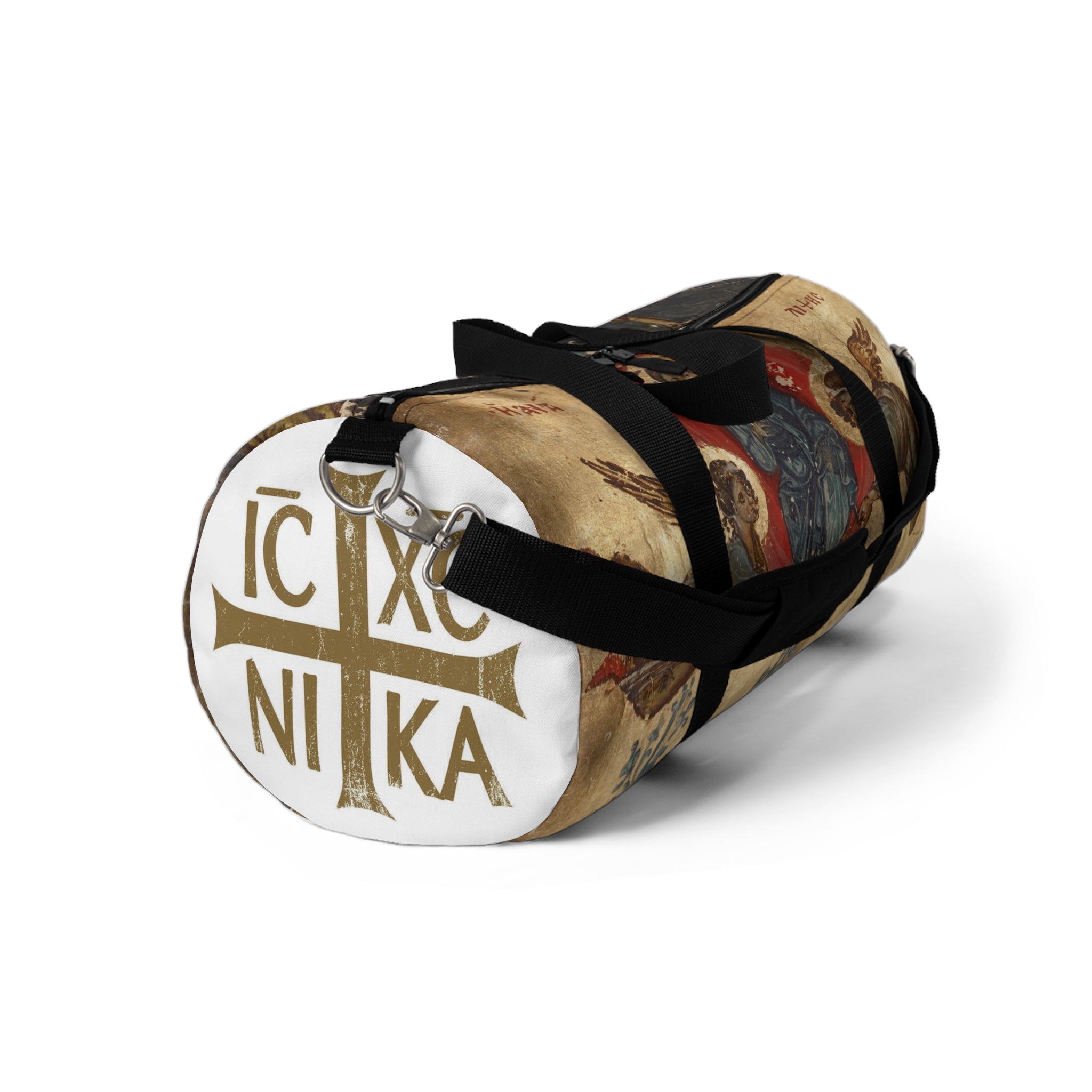 Artistic Duffel Bag with Religious Iconography - Unique Travel Gear for Pilgrimages or Spiritual Retreats