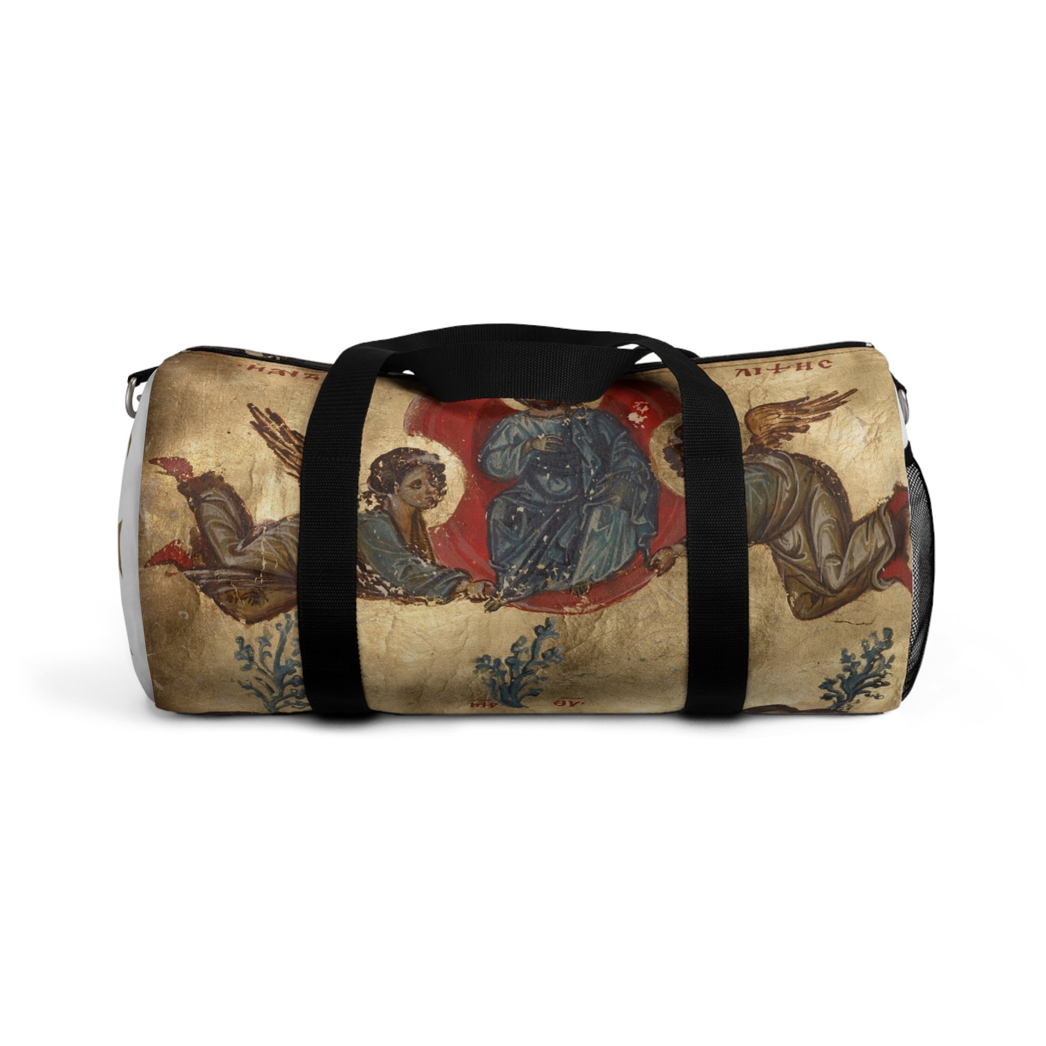 Artistic Duffel Bag with Religious Iconography - Unique Travel Gear for Pilgrimages or Spiritual Retreats