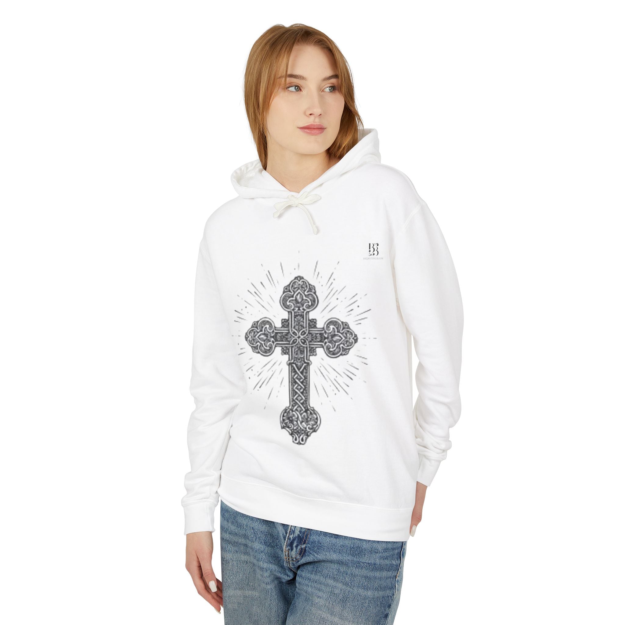 Unisex Lightweight Hooded Sweatshirt with Intricate Cross Design - Perfect for Faith and Style Lovers