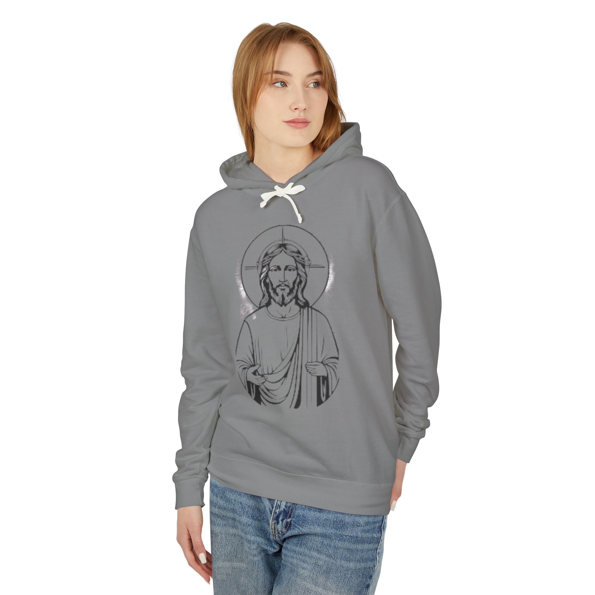 Faith-Inspired Unisex Lightweight Hooded Sweatshirt with Jesus Design