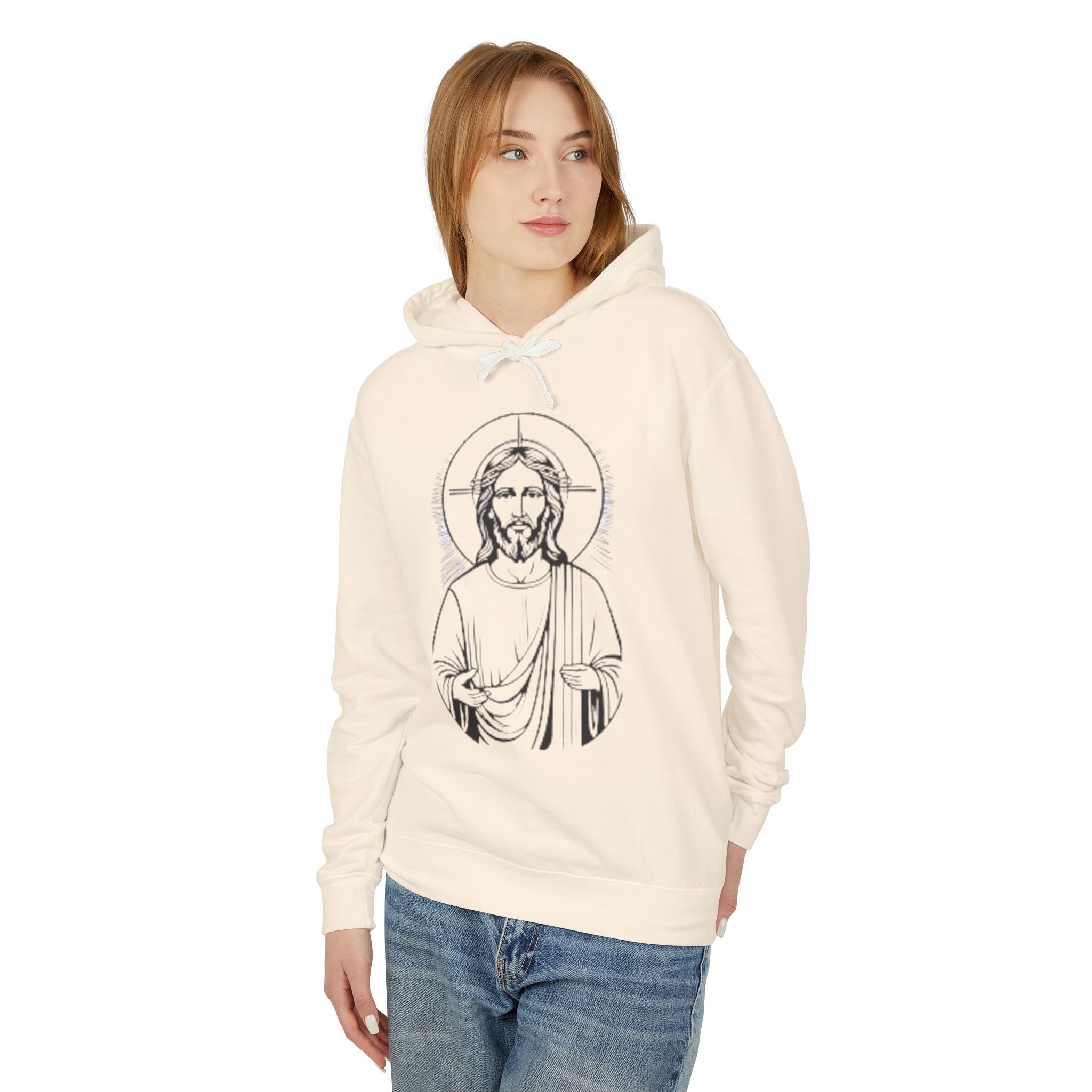 Faith-Inspired Unisex Lightweight Hooded Sweatshirt with Jesus Design