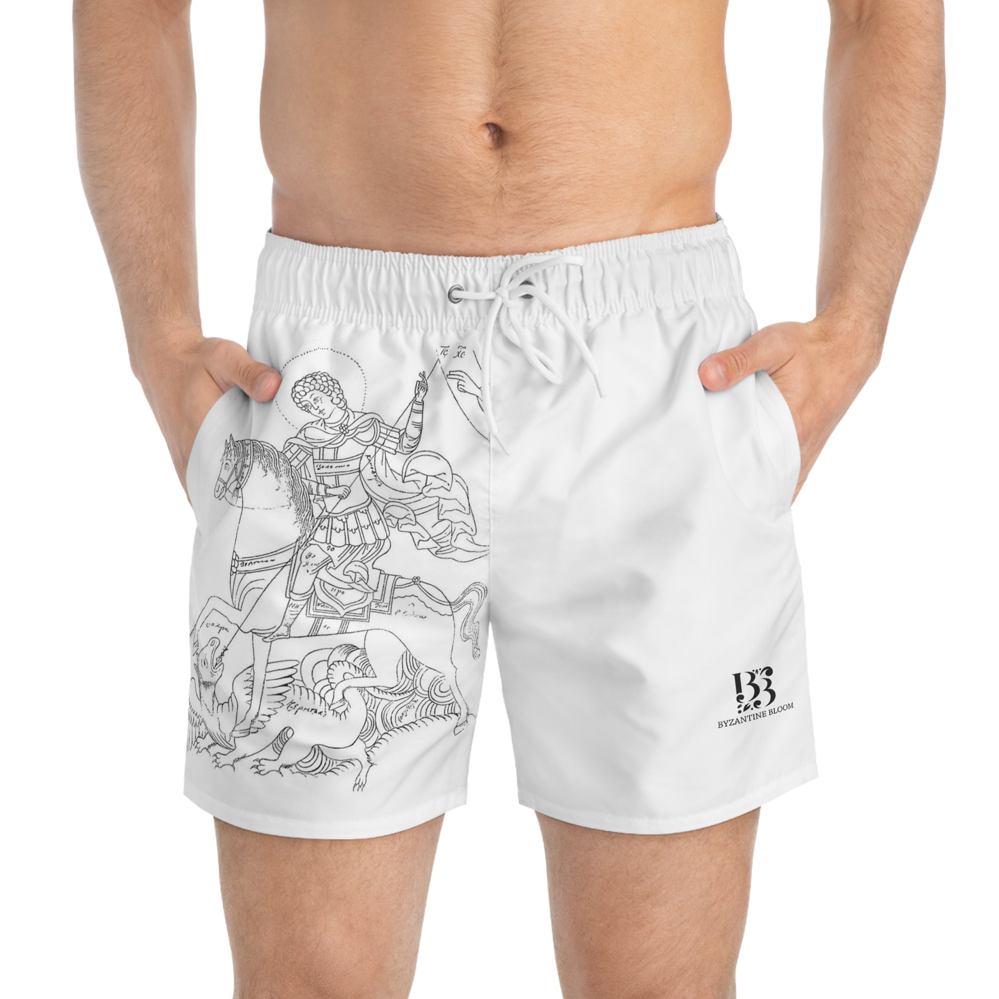 Religious Art Swim Trunks - Iconic Designs for Beach Vibes