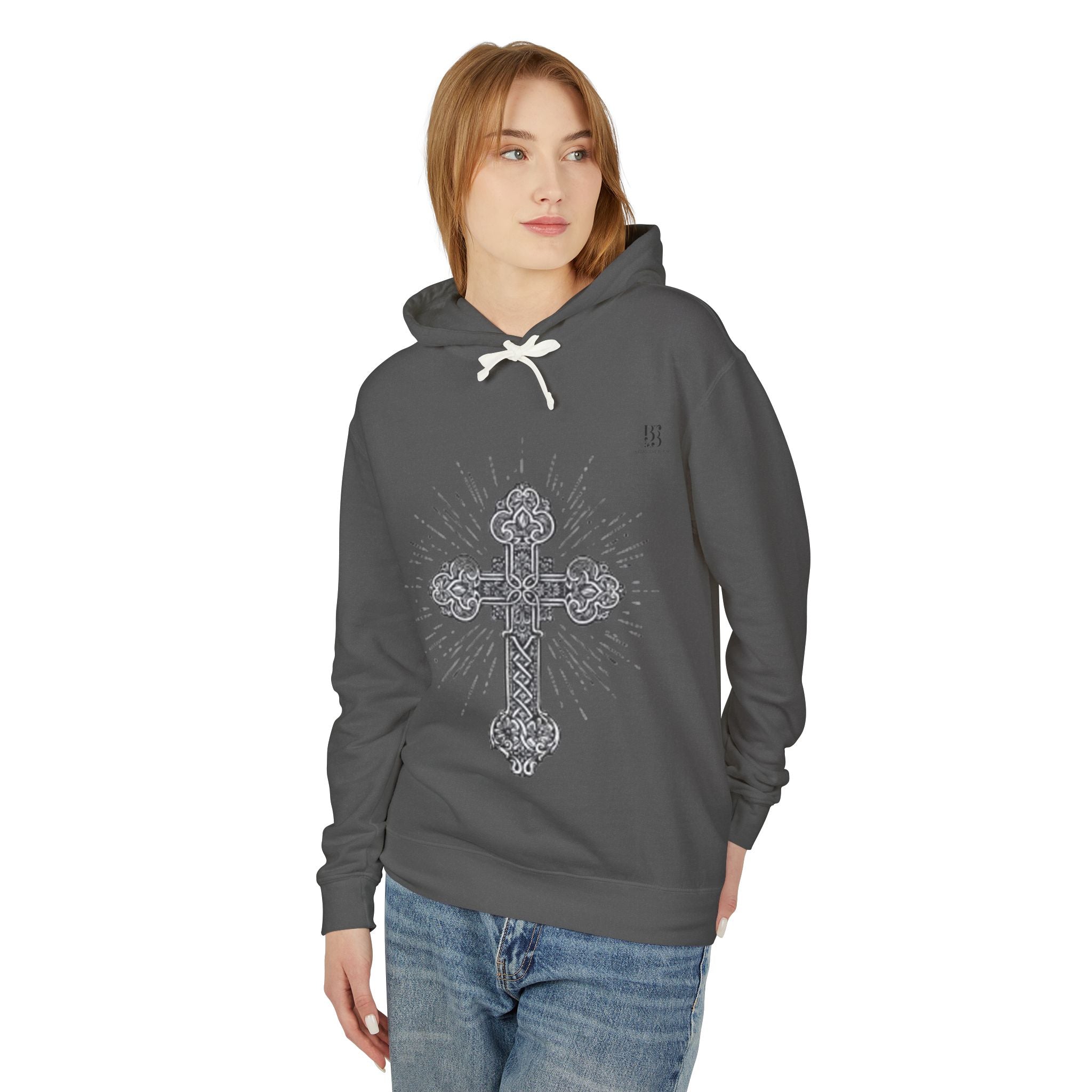 Unisex Lightweight Hooded Sweatshirt with Intricate Cross Design - Perfect for Faith and Style Lovers