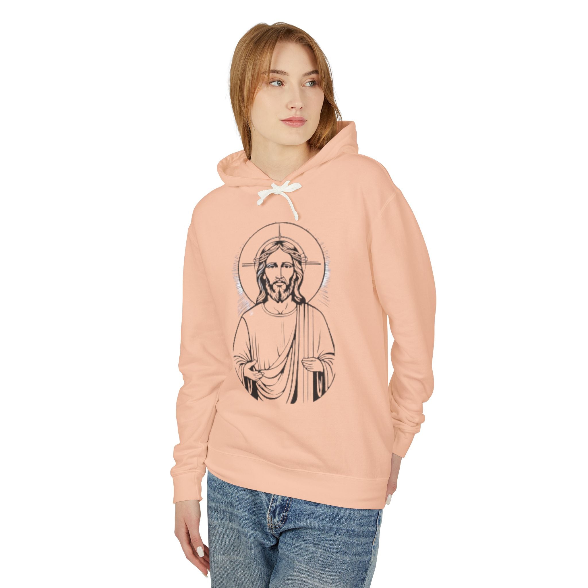 Faith-Inspired Unisex Lightweight Hooded Sweatshirt with Jesus Design