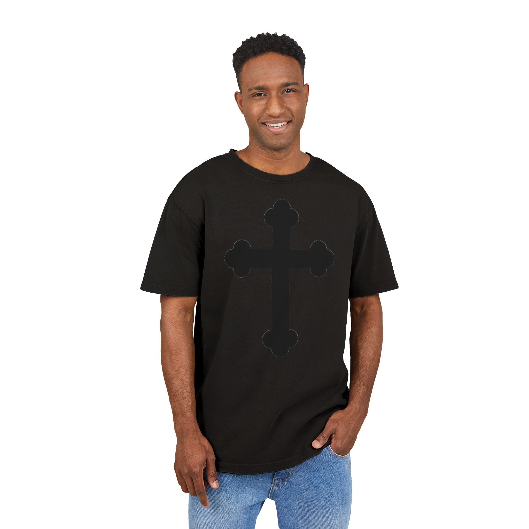 Orthodox Cross - Men's Acid Washed Oversized Tee with Cross Design
