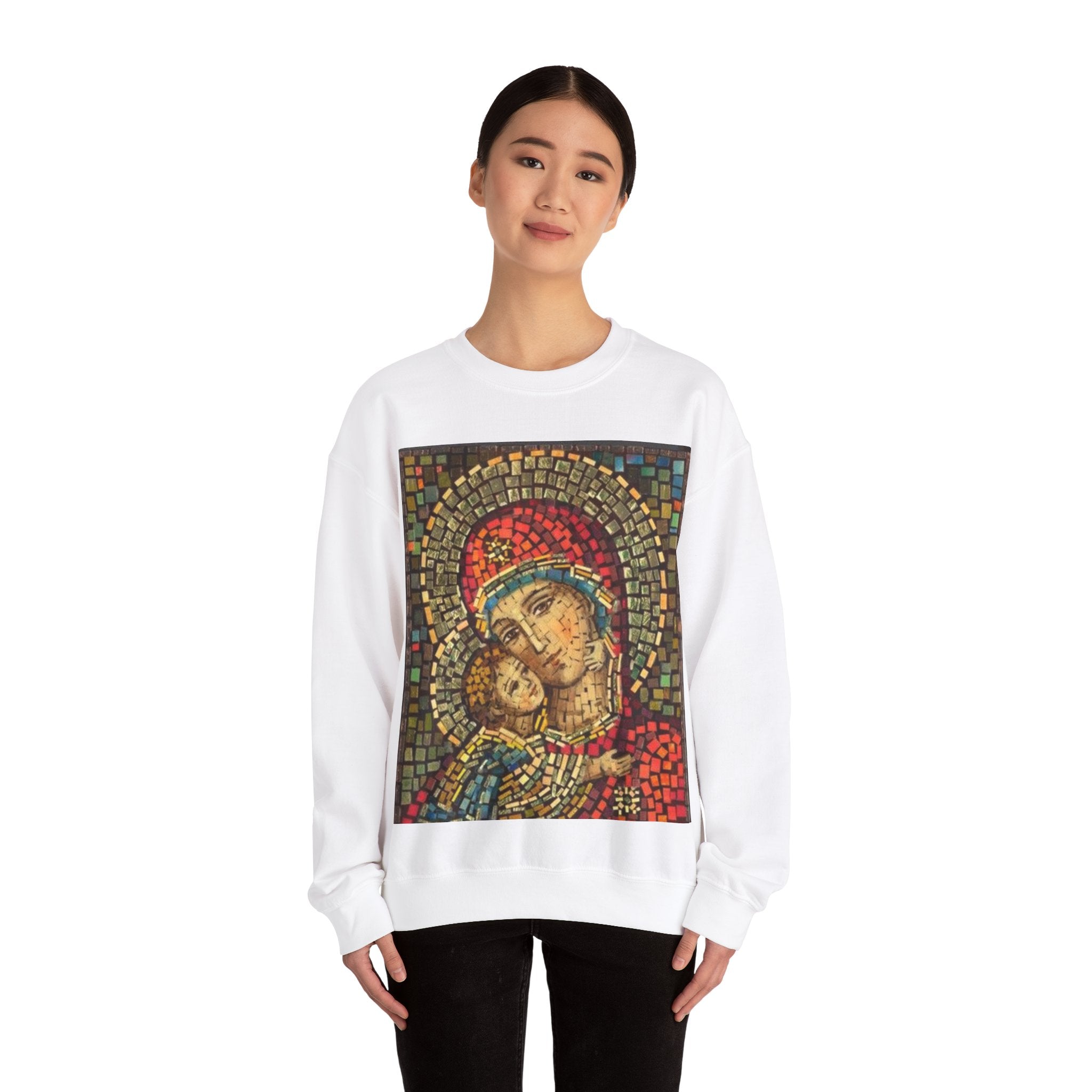 Unisex Heavy Blend™ Crewneck Sweatshirt - Colorful Mosaic Virgin Mary Design