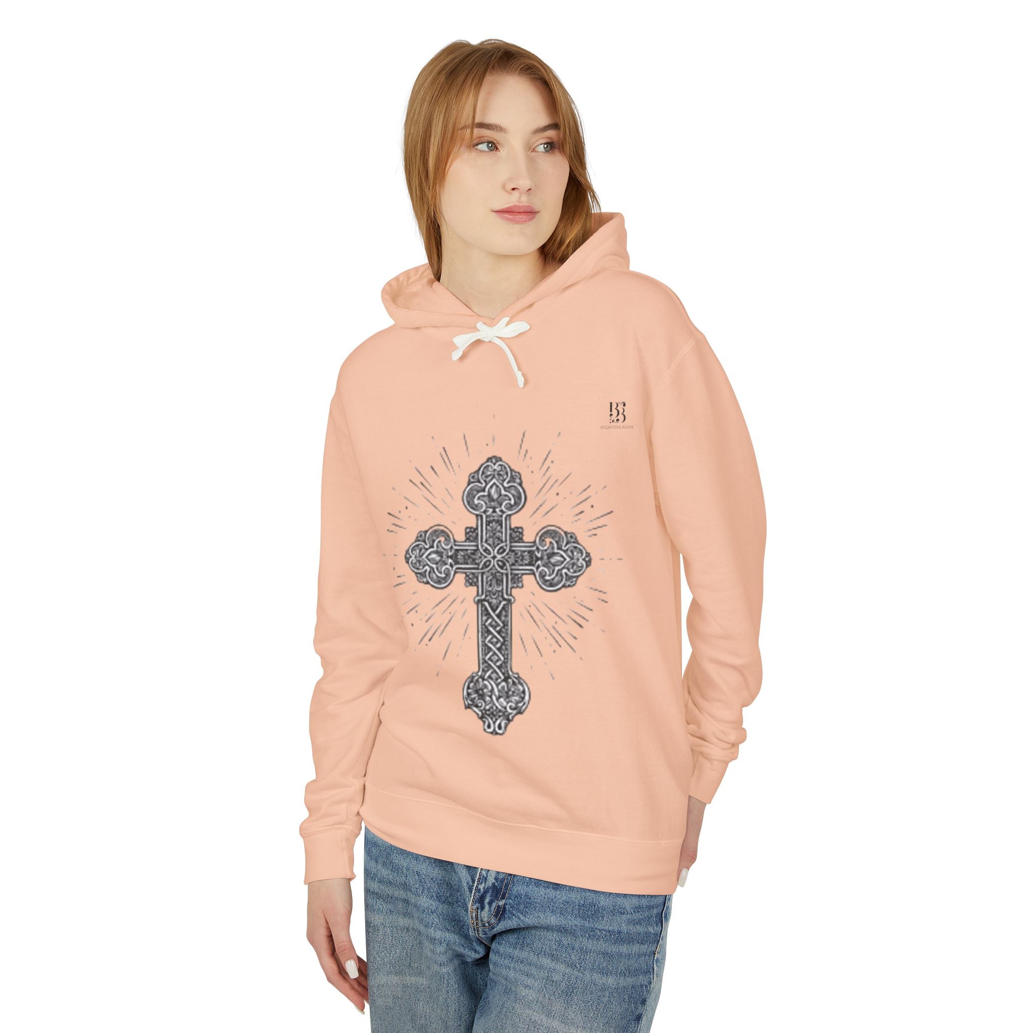 Unisex Lightweight Hooded Sweatshirt with Intricate Cross Design - Perfect for Faith and Style Lovers