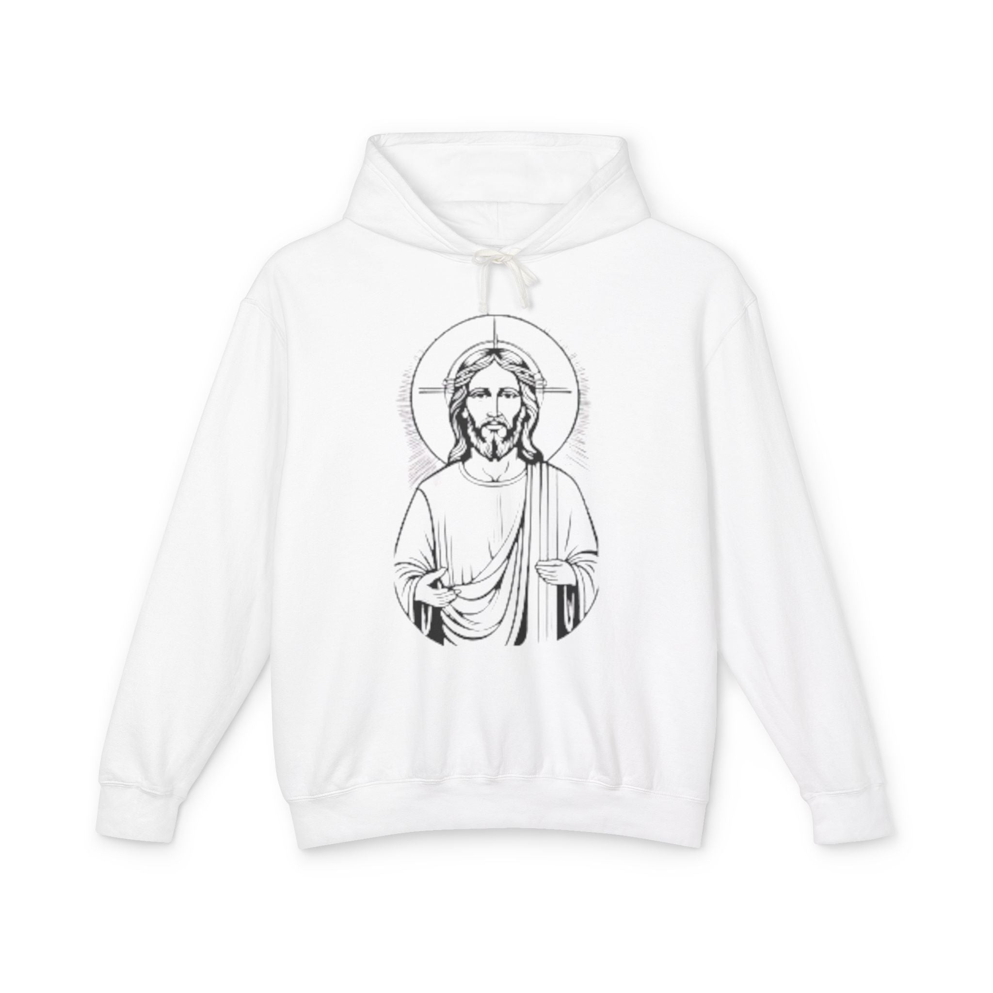 Faith-Inspired Unisex Lightweight Hooded Sweatshirt with Jesus Design