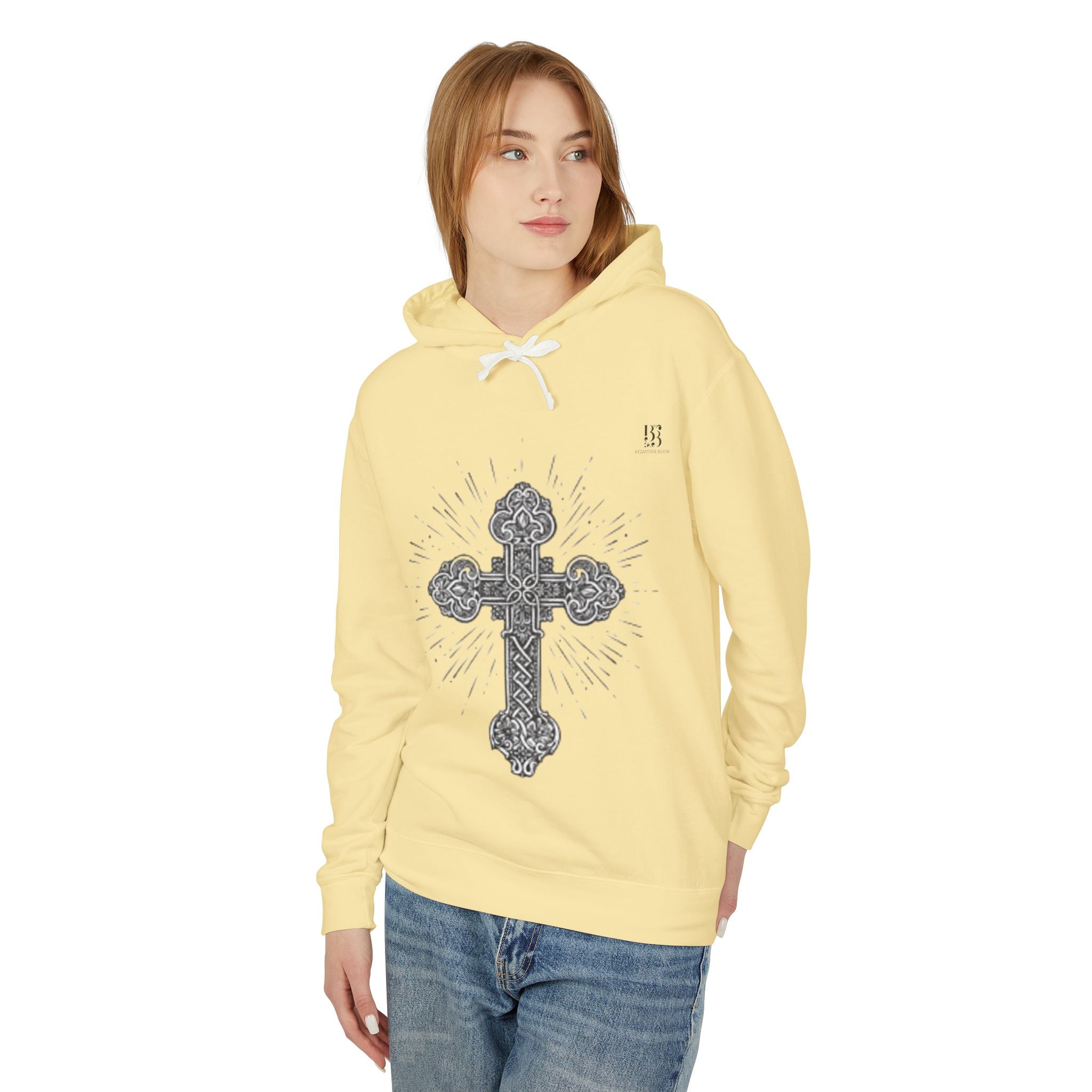 Unisex Lightweight Hooded Sweatshirt with Intricate Cross Design - Perfect for Faith and Style Lovers