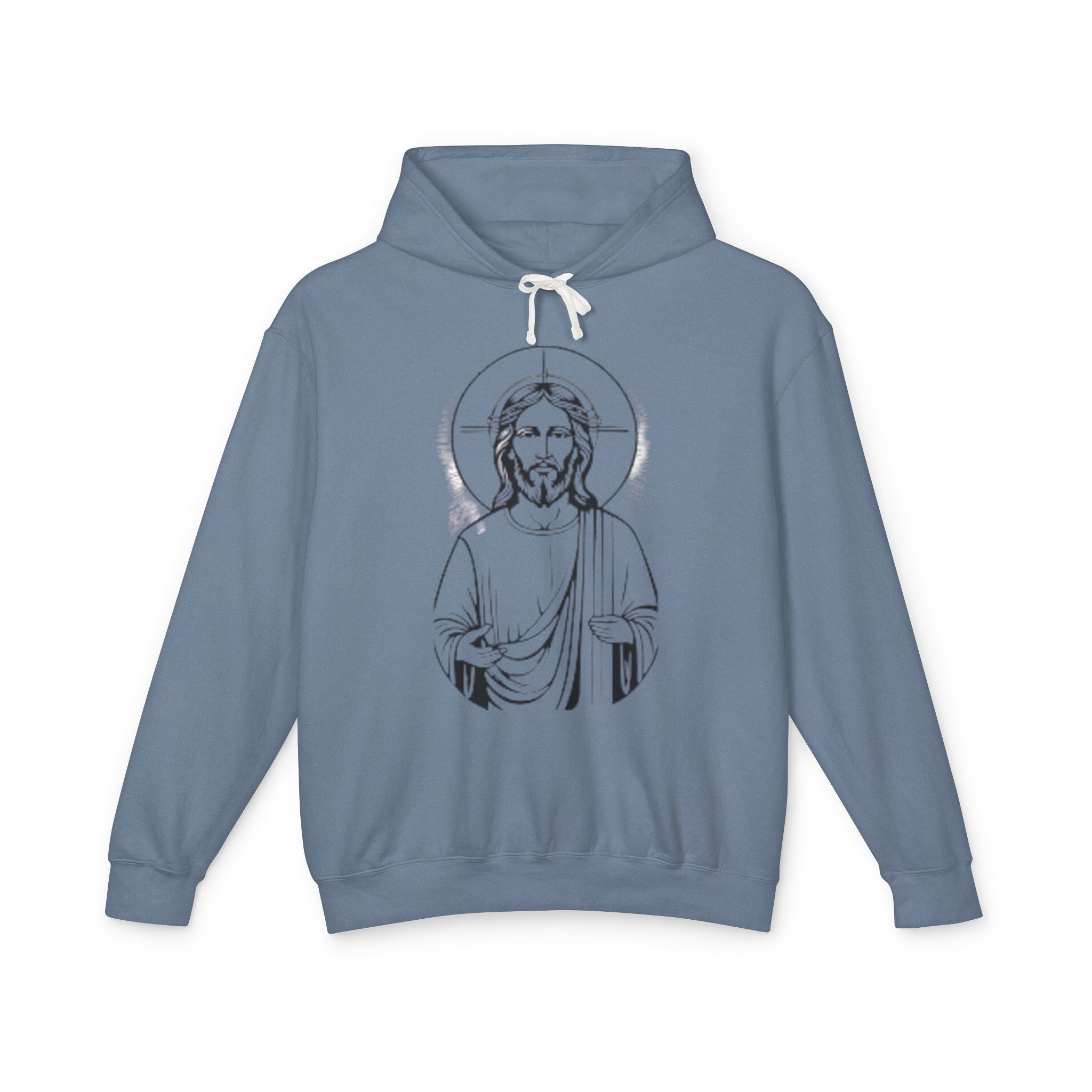 Faith-Inspired Unisex Lightweight Hooded Sweatshirt with Jesus Design