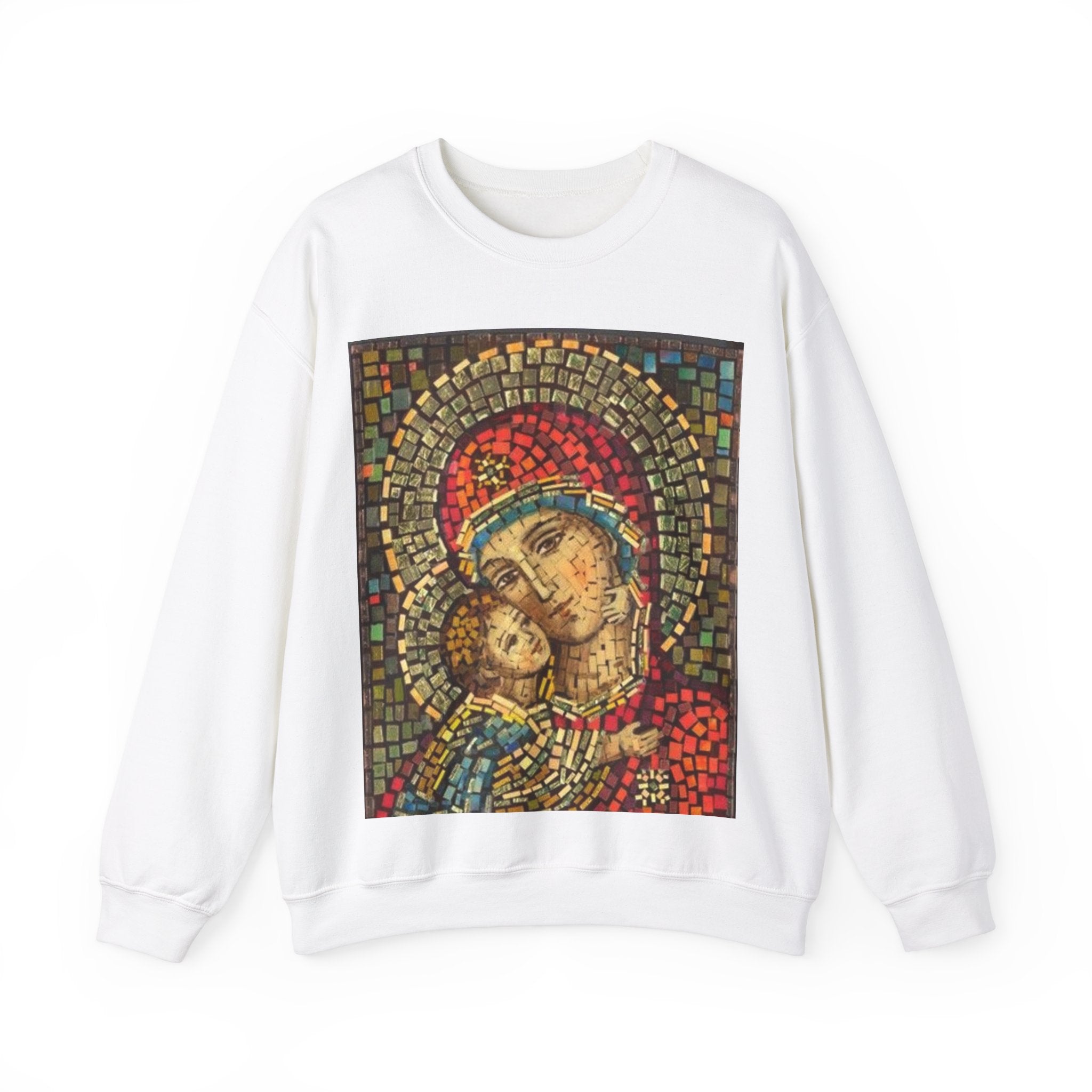 Unisex Heavy Blend™ Crewneck Sweatshirt - Colorful Mosaic Virgin Mary Design