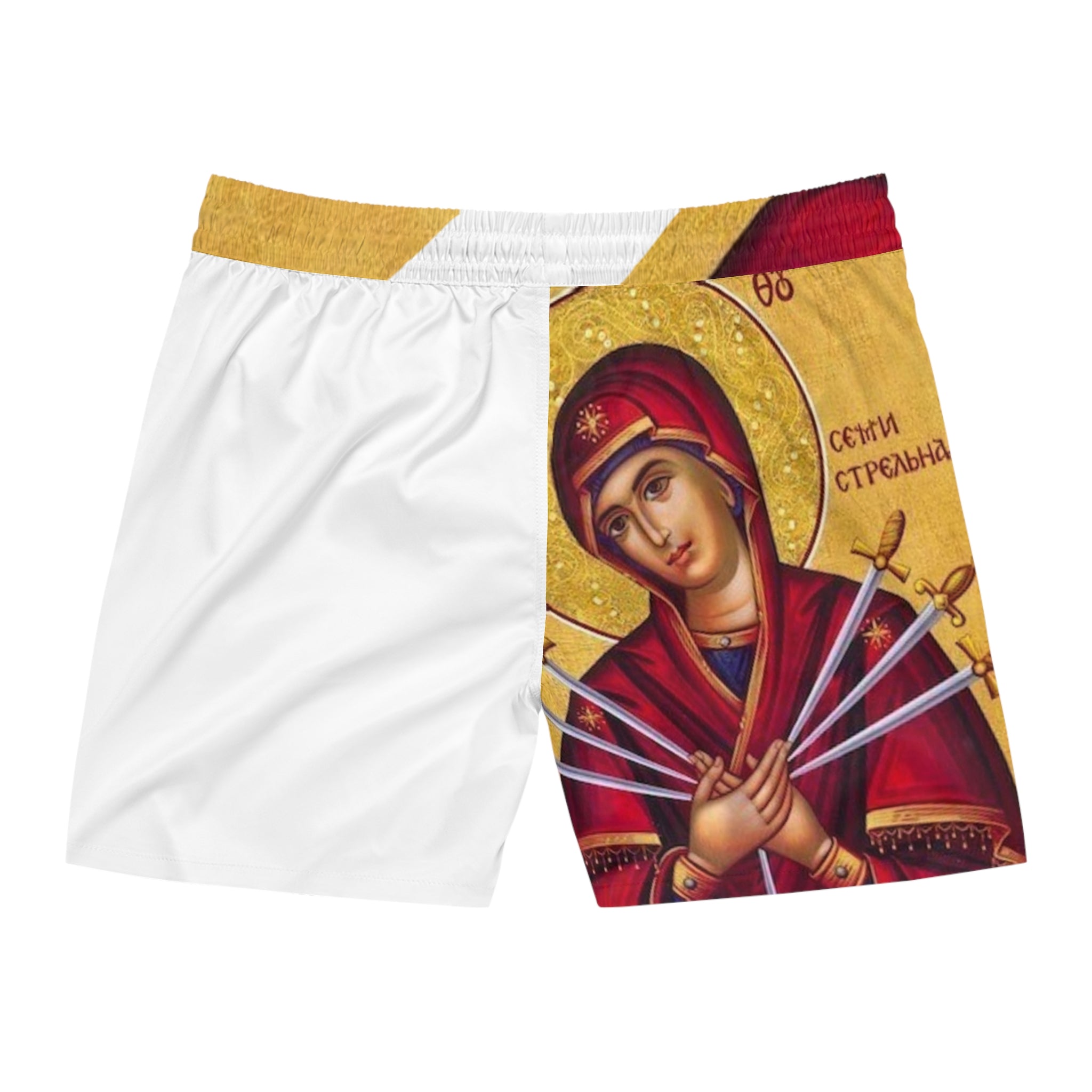 Icon-Inspired Men's Mid-Length Swim Shorts with Religious Artwork