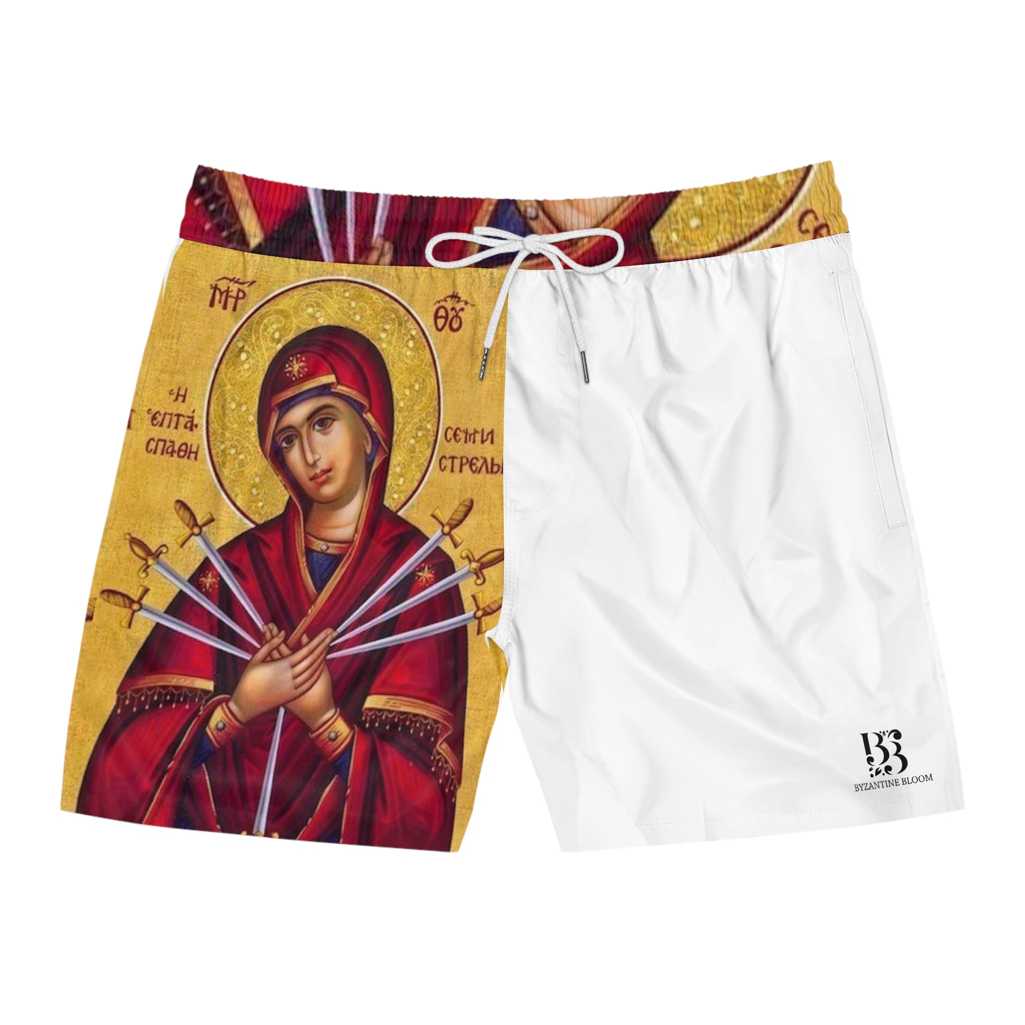 Icon-Inspired Men's Mid-Length Swim Shorts with Religious Artwork
