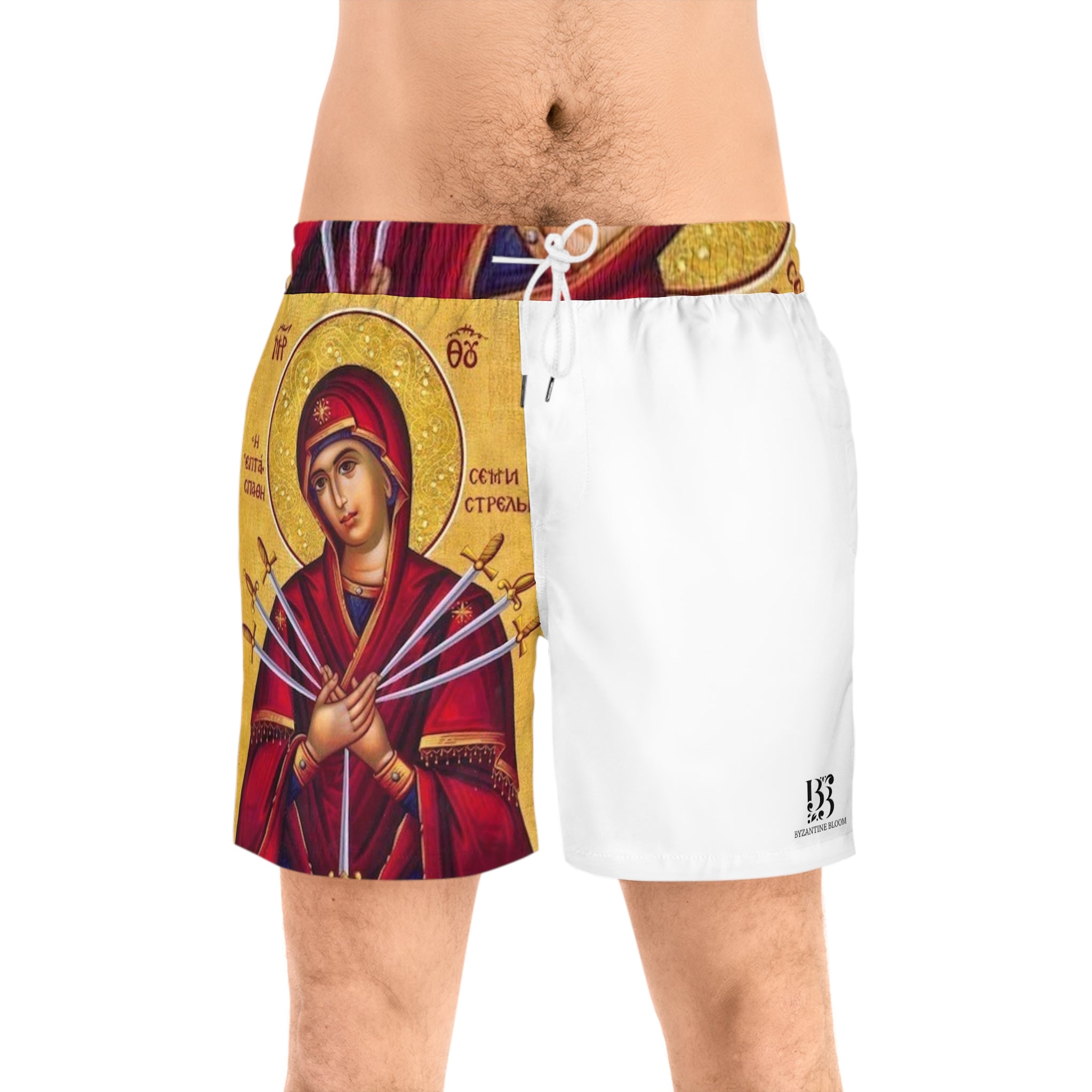Icon-Inspired Men's Mid-Length Swim Shorts with Religious Artwork