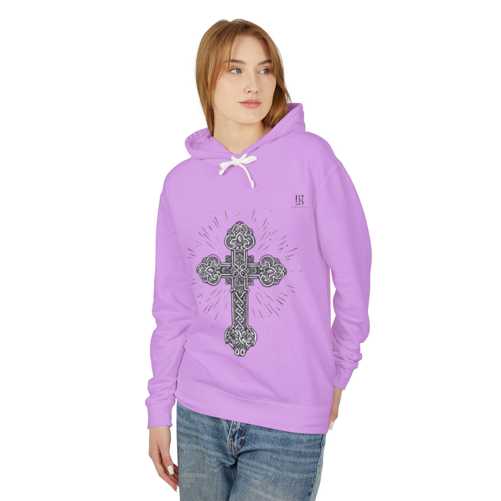 Unisex Lightweight Hooded Sweatshirt with Intricate Cross Design - Perfect for Faith and Style Lovers