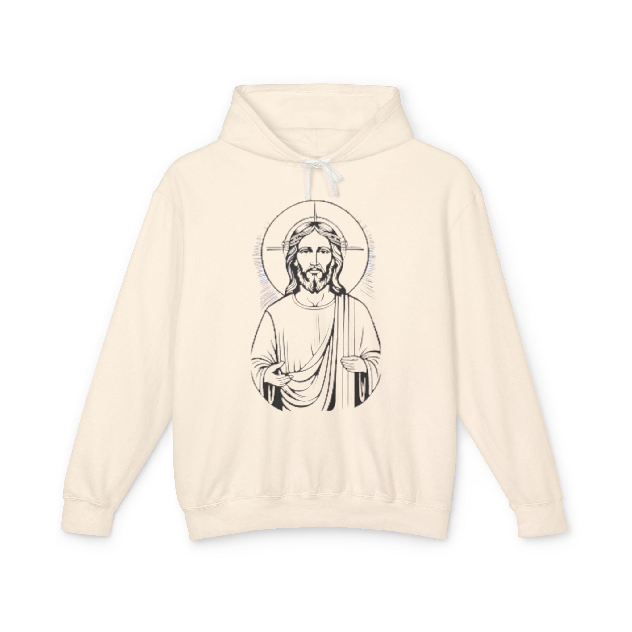 Faith-Inspired Unisex Lightweight Hooded Sweatshirt with Jesus Design