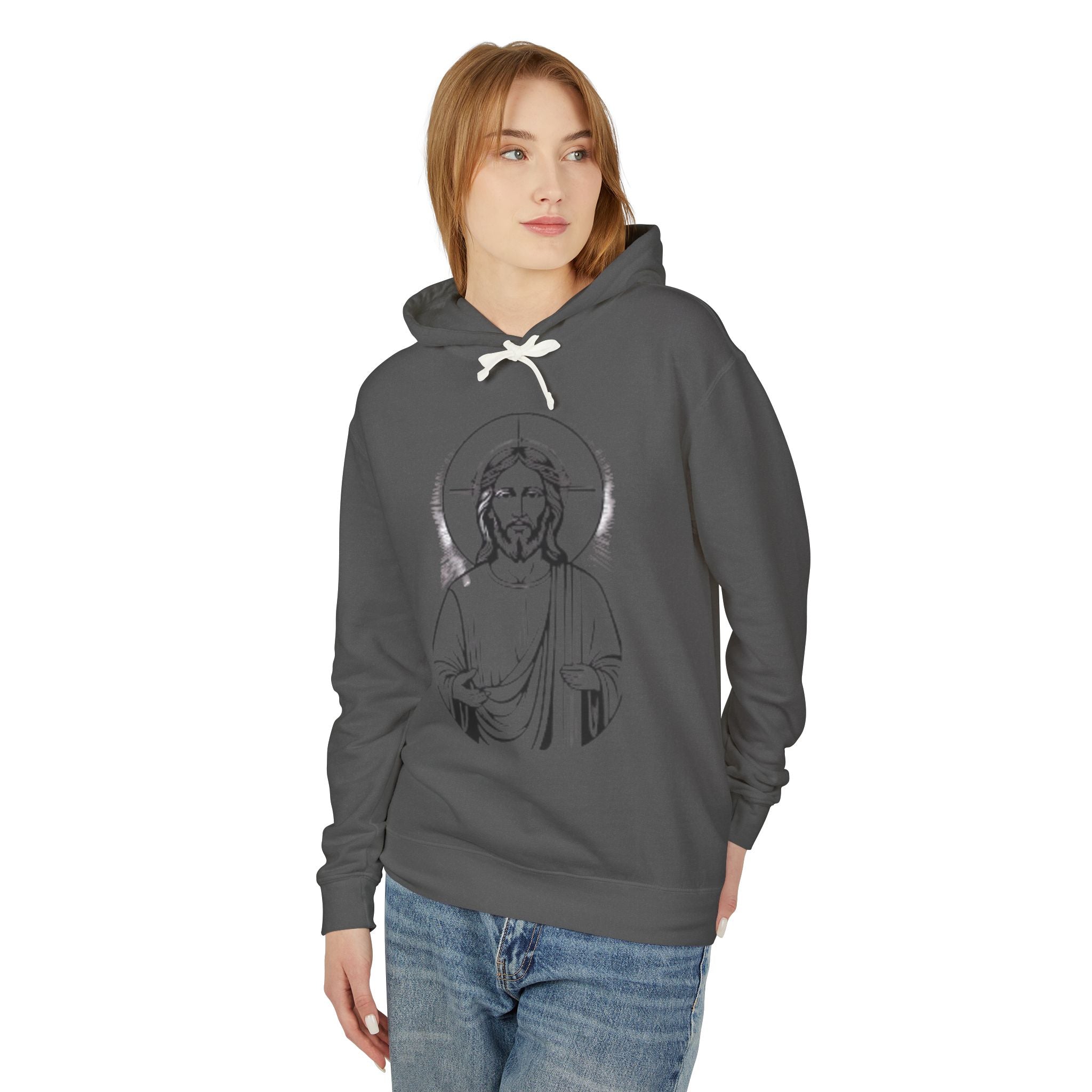 Faith-Inspired Unisex Lightweight Hooded Sweatshirt with Jesus Design